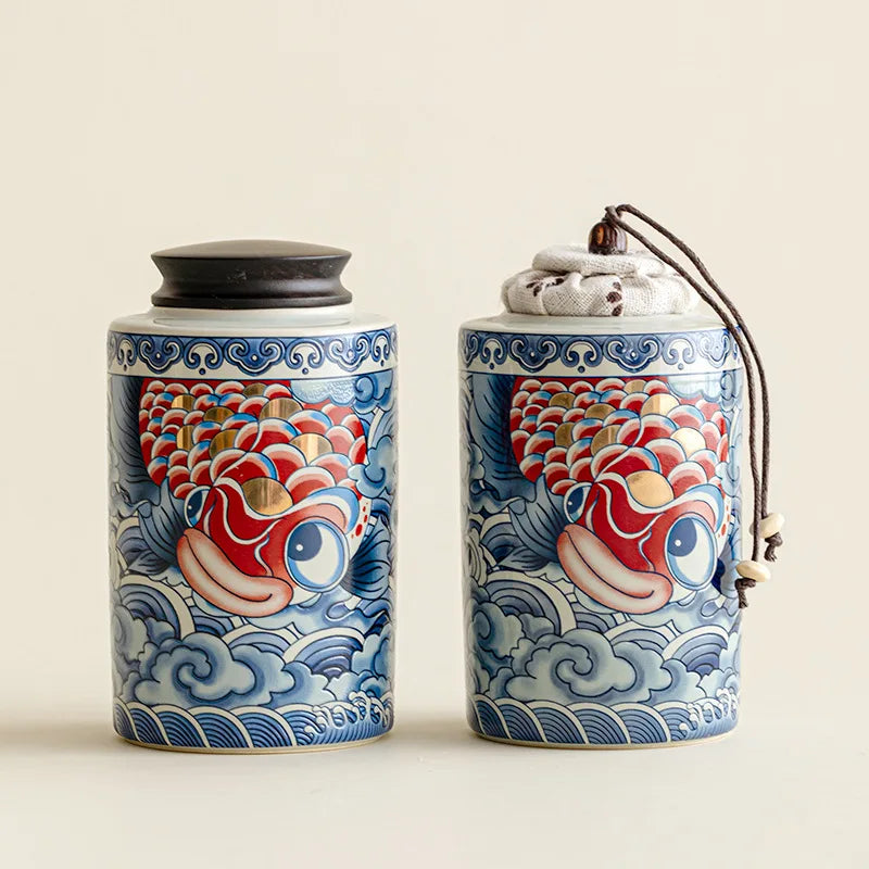Boîtes à thé japonaises carpe koï en porcelaine, couvercle bois et couvercle tissu