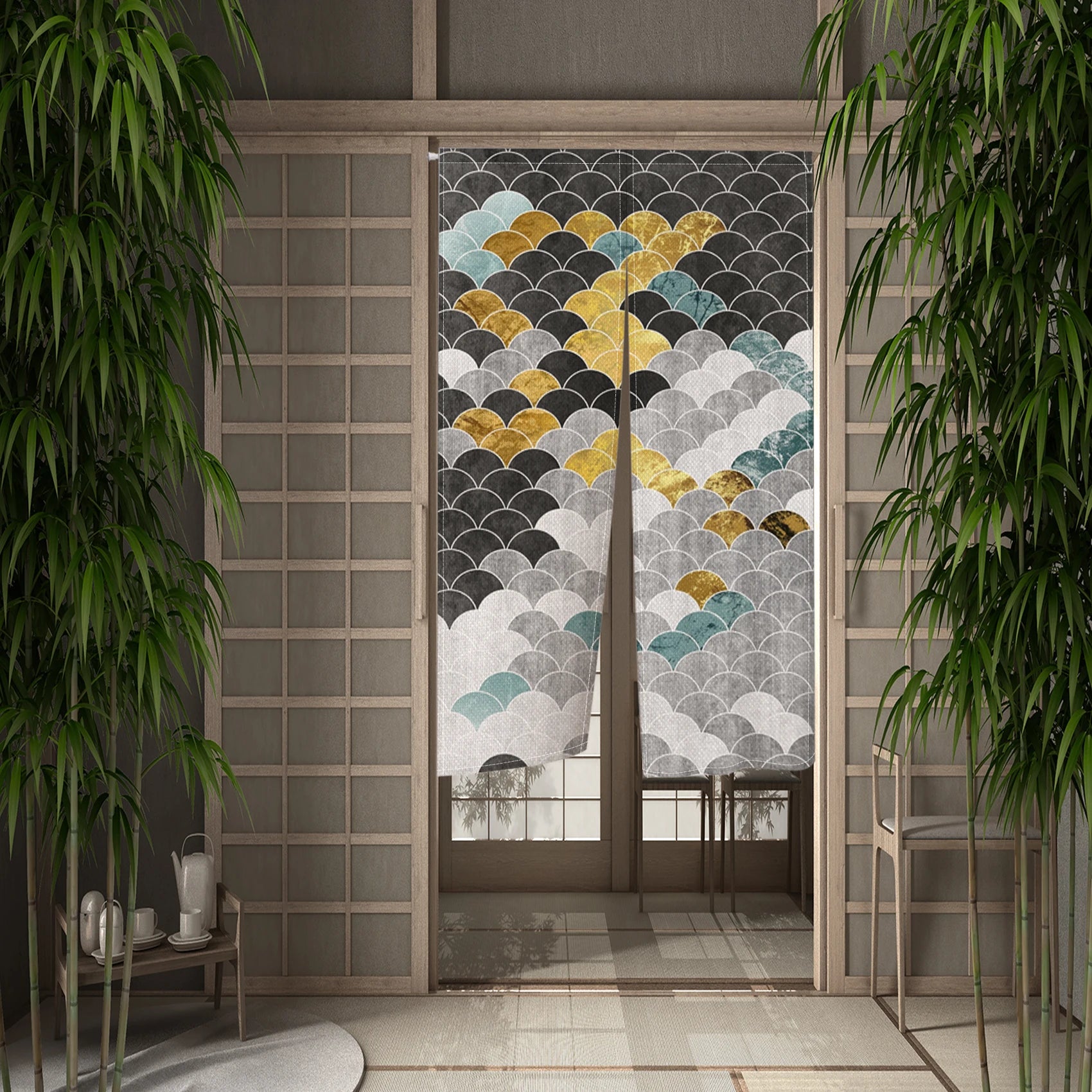 Noren japonais vagues seigaiha gris aquarelle et or, rideau de porte japonais