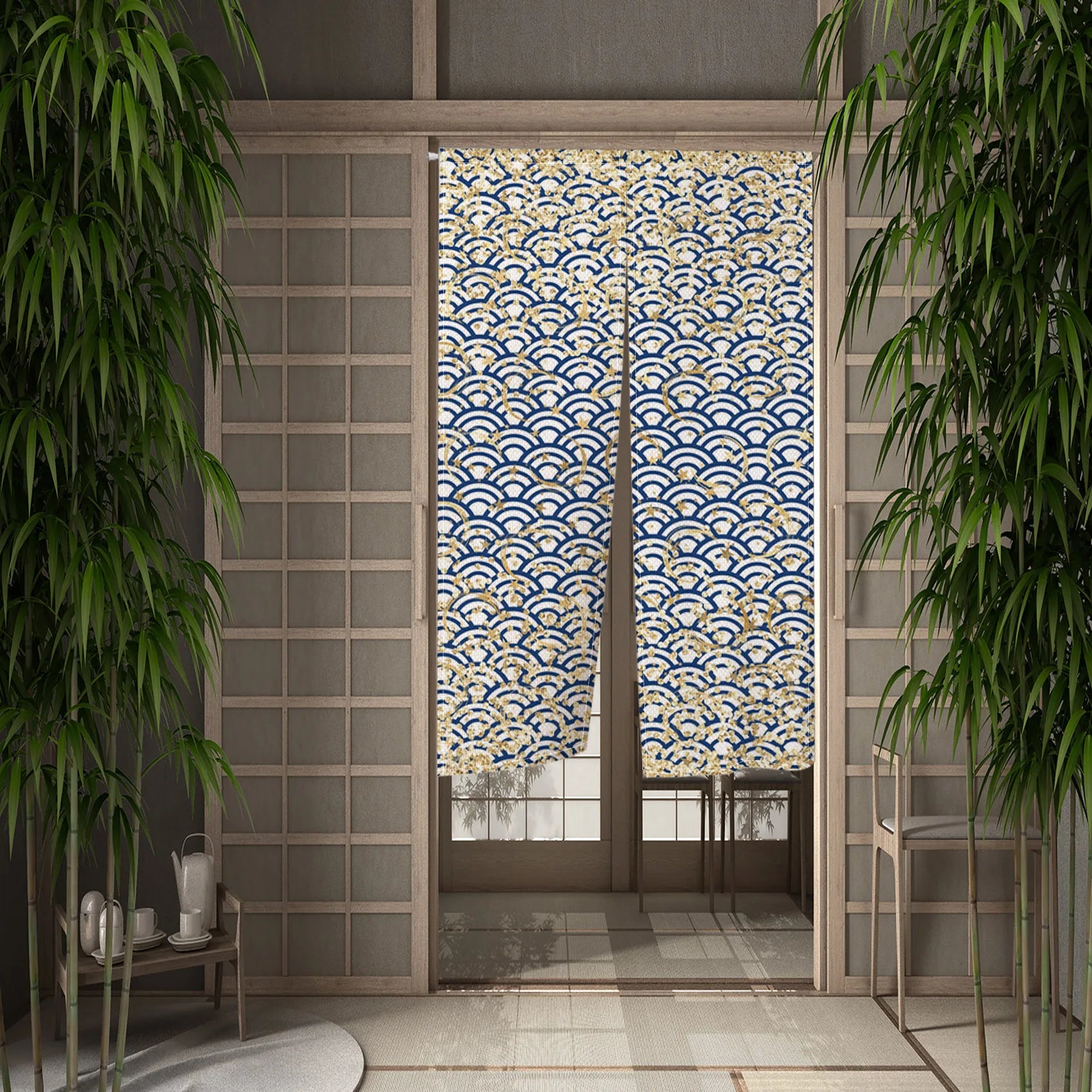 Noren japonais vagues seigaiha bleu et blanc rehaussé de touches dorées