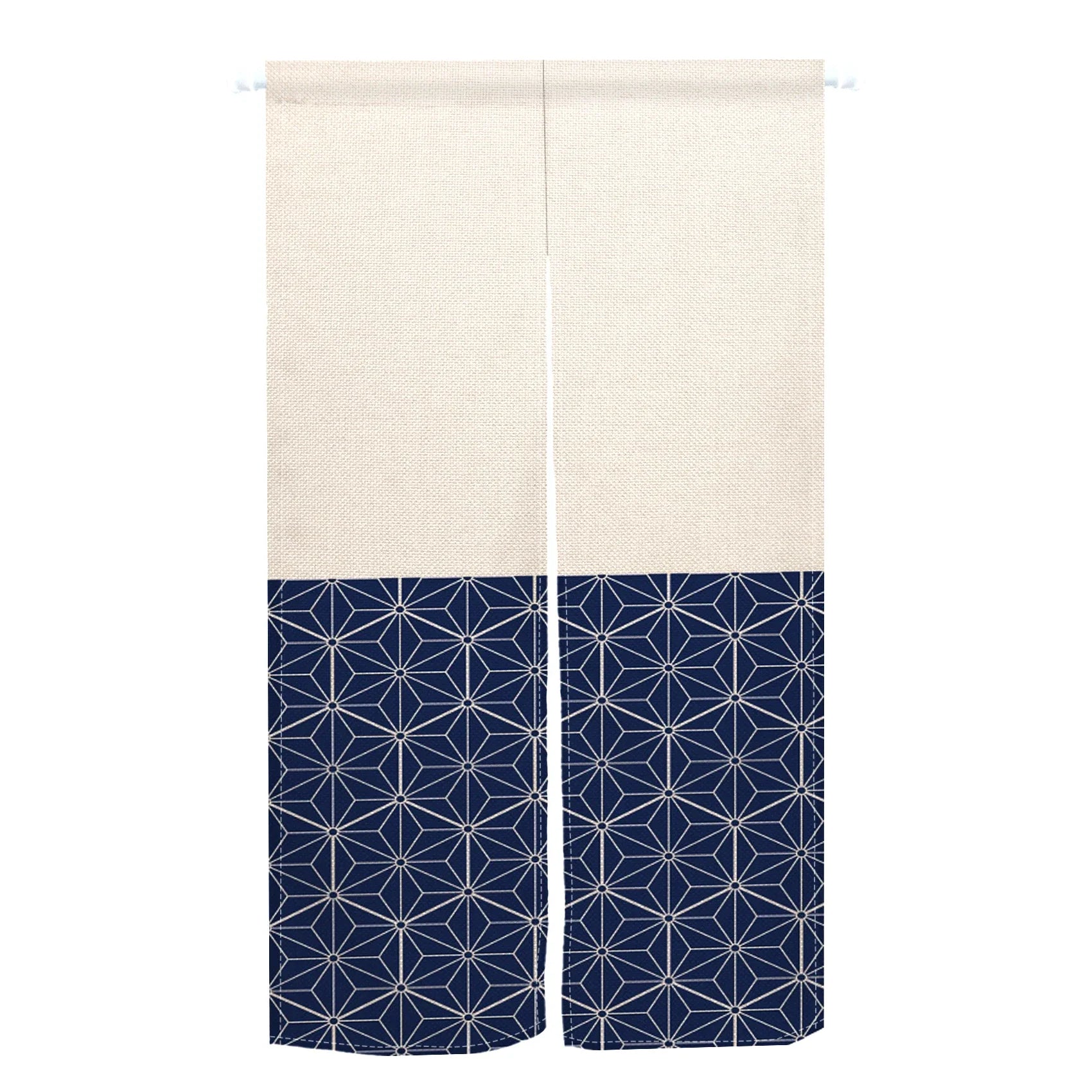 Noren japonais écru à motif asanoha bleu marine, deux panneaux et passe-tringle