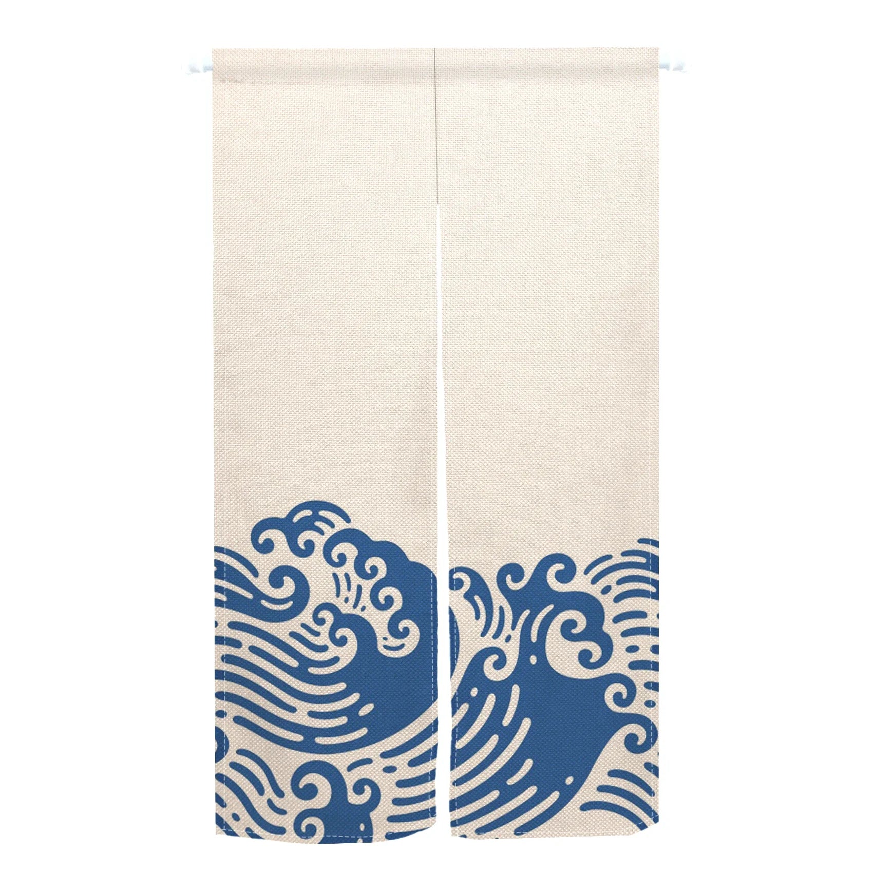 Noren japonais Grande Vague écru, deux panneaux avec vague bleu marine en bas