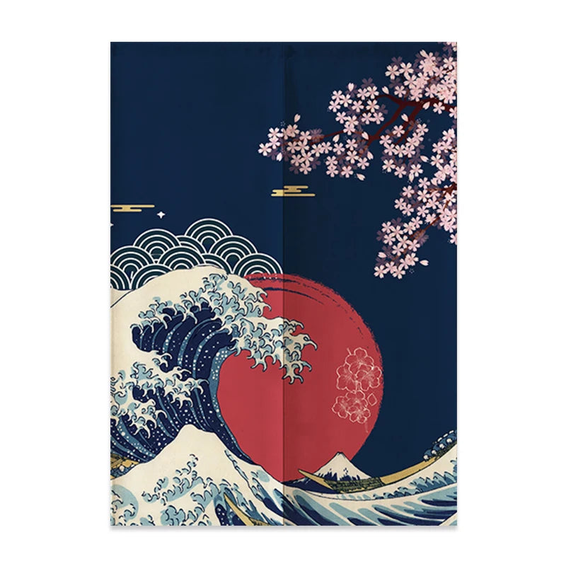 Noren japonais Grande Vague bleu nuit, soleil rouge et branche de cerisier en fleurs