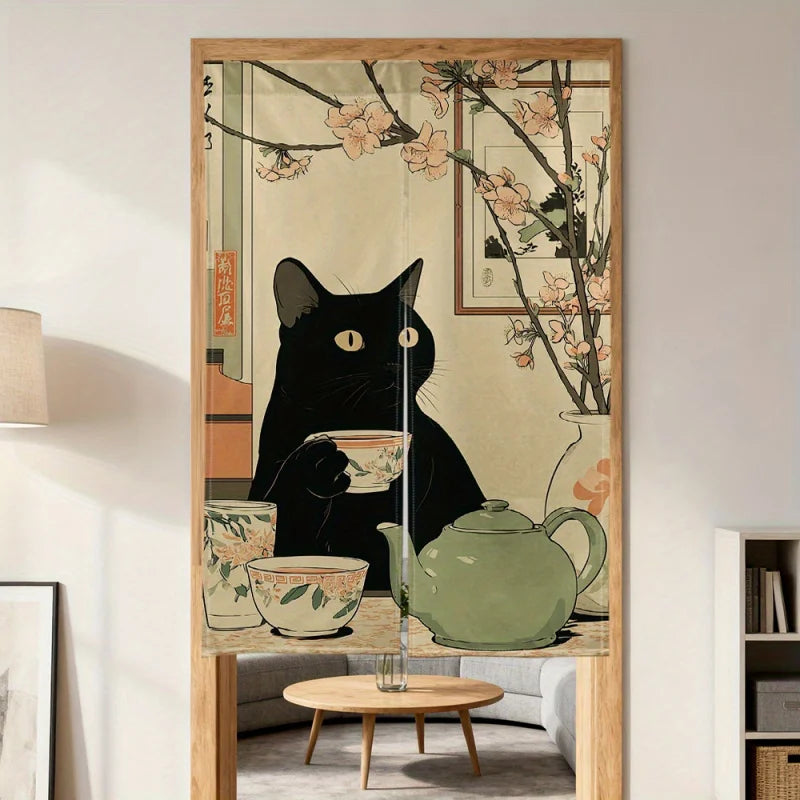 Noren japonais chat noir et théière suspendu dans une porte en bois clair