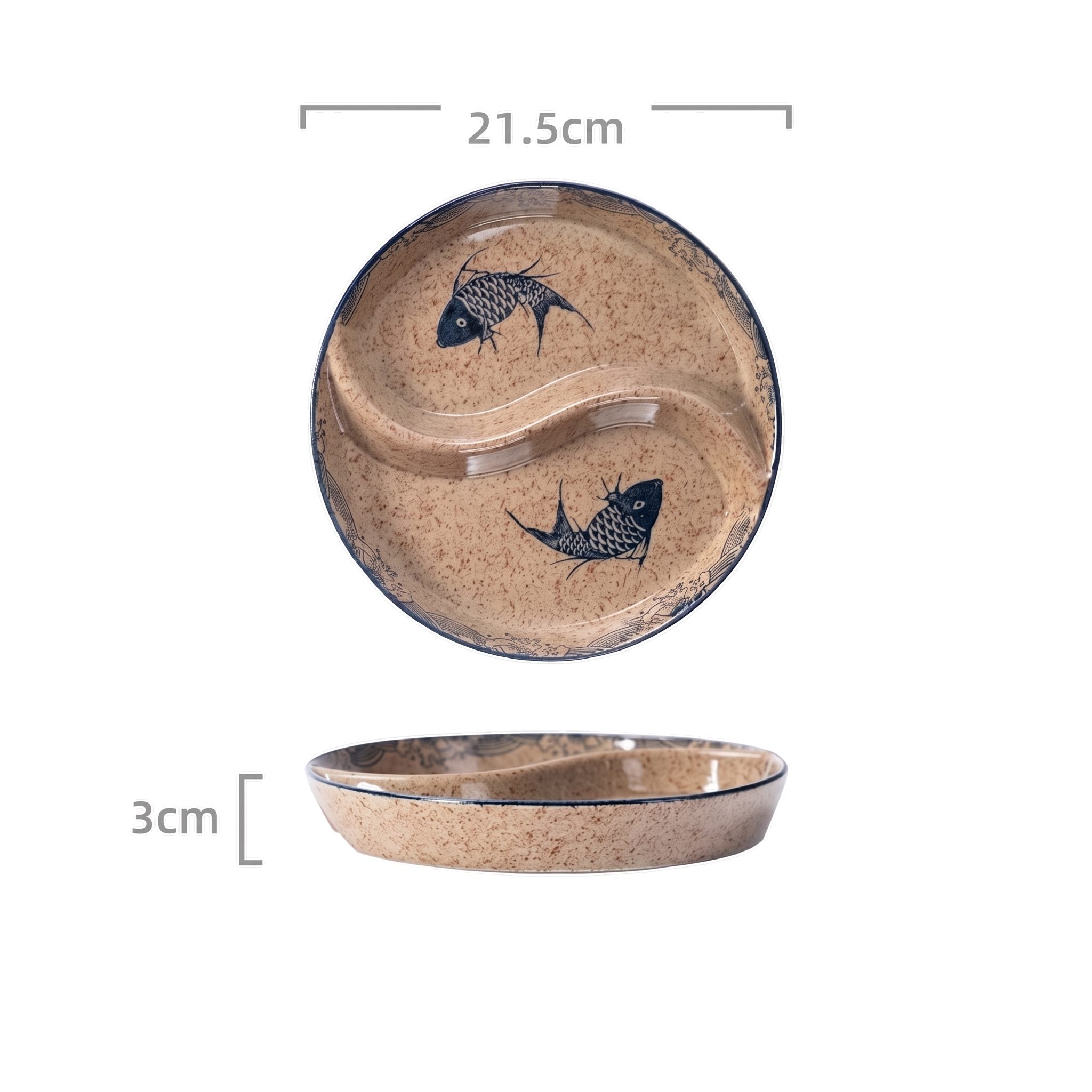 Assiette japonaise à compartiments motif carpes, 21,5 cm, vues dessus et profil