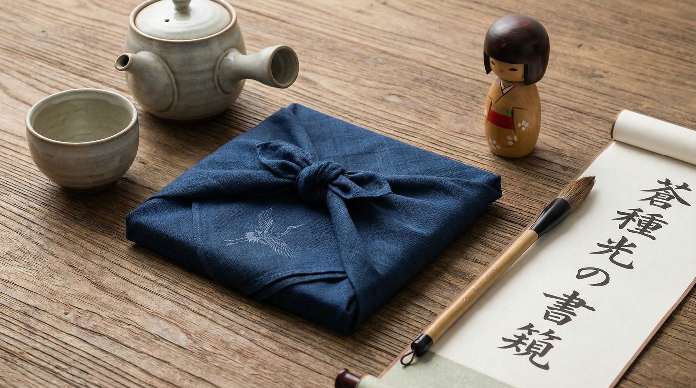 Composition d'objets japonais sur table en bois : furoshiki bleu indigo brodé d'une grue, théière kyusu, tasse de thé, poupée kokeshi et rouleau de calligraphie japonaise