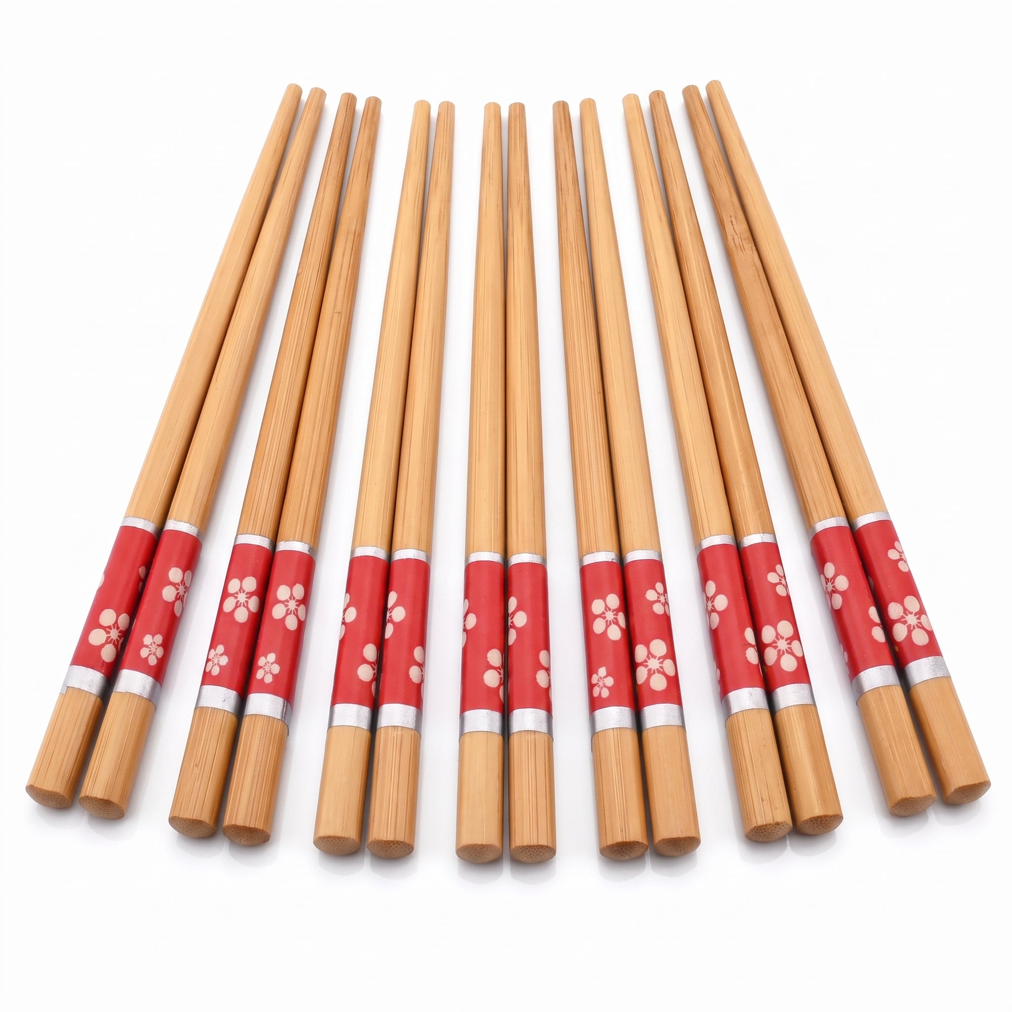 Set 5 paires de baguettes japonaises en bambou, manches rouges à fleurs de cerisier