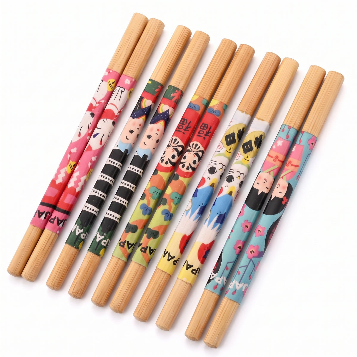 Set 5 paires de baguettes japonaises en bambou, motifs poupées kokeshi colorées