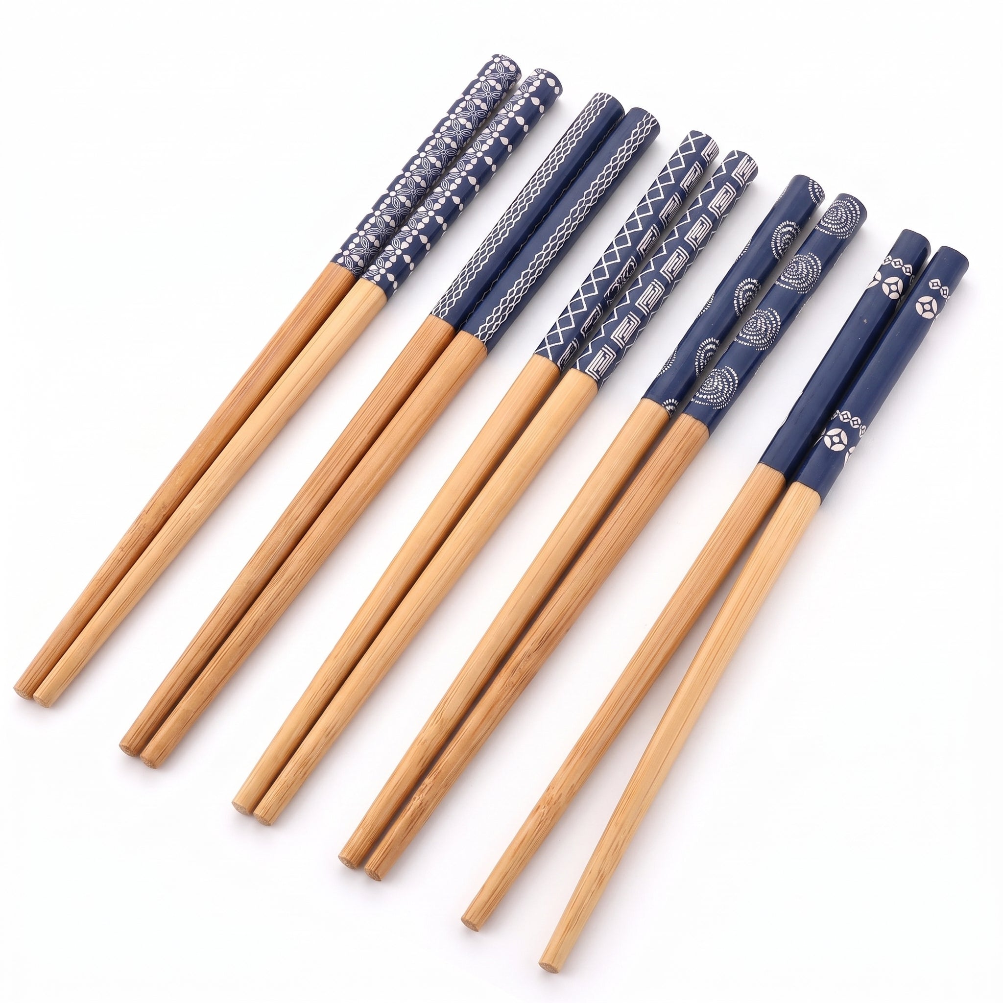 Set 5 paires de baguettes japonaises en bambou, motifs traditionnels bleu indigo