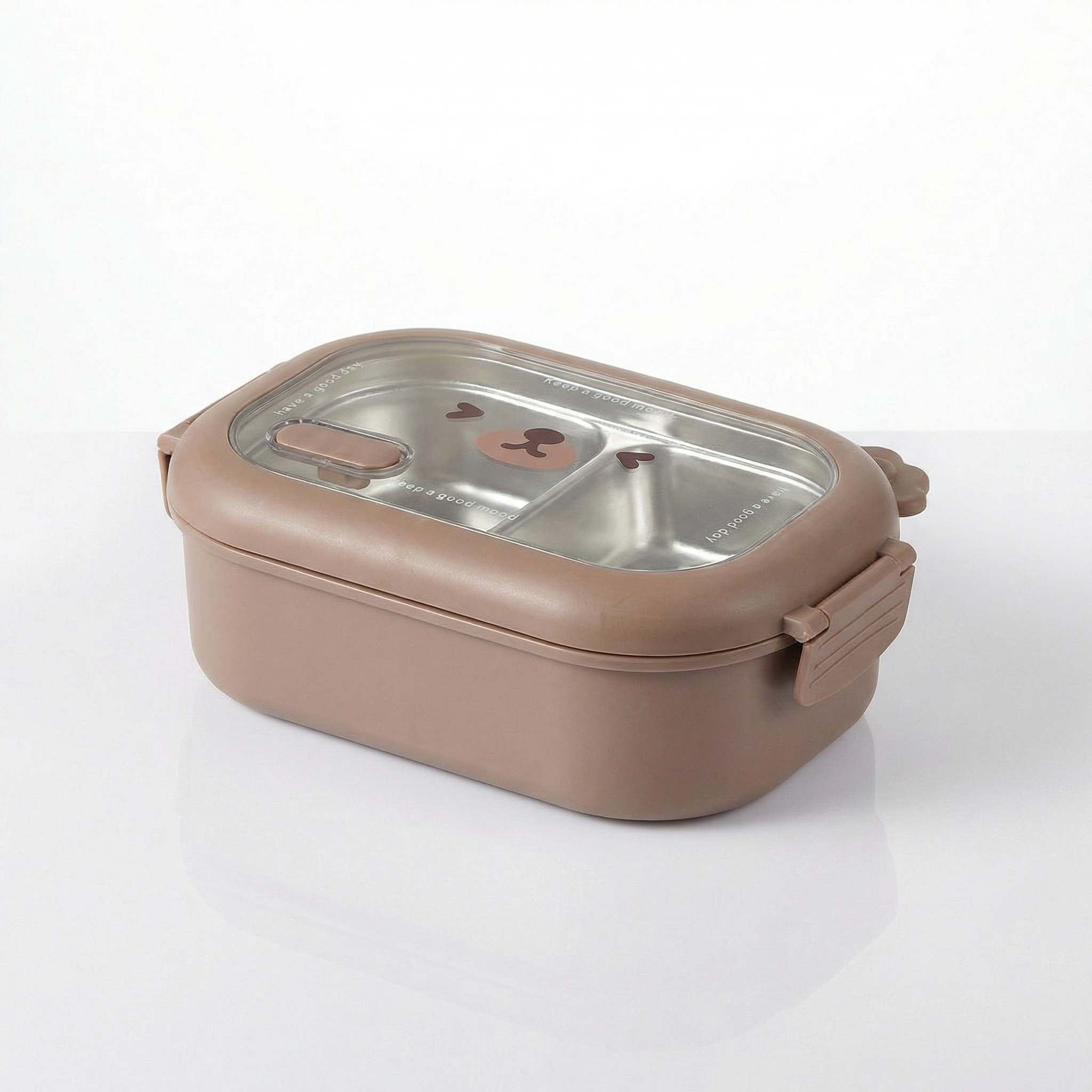Bento kawaii inox marron aux yeux ronds, couvercle transparent et compartiments 1000 ml