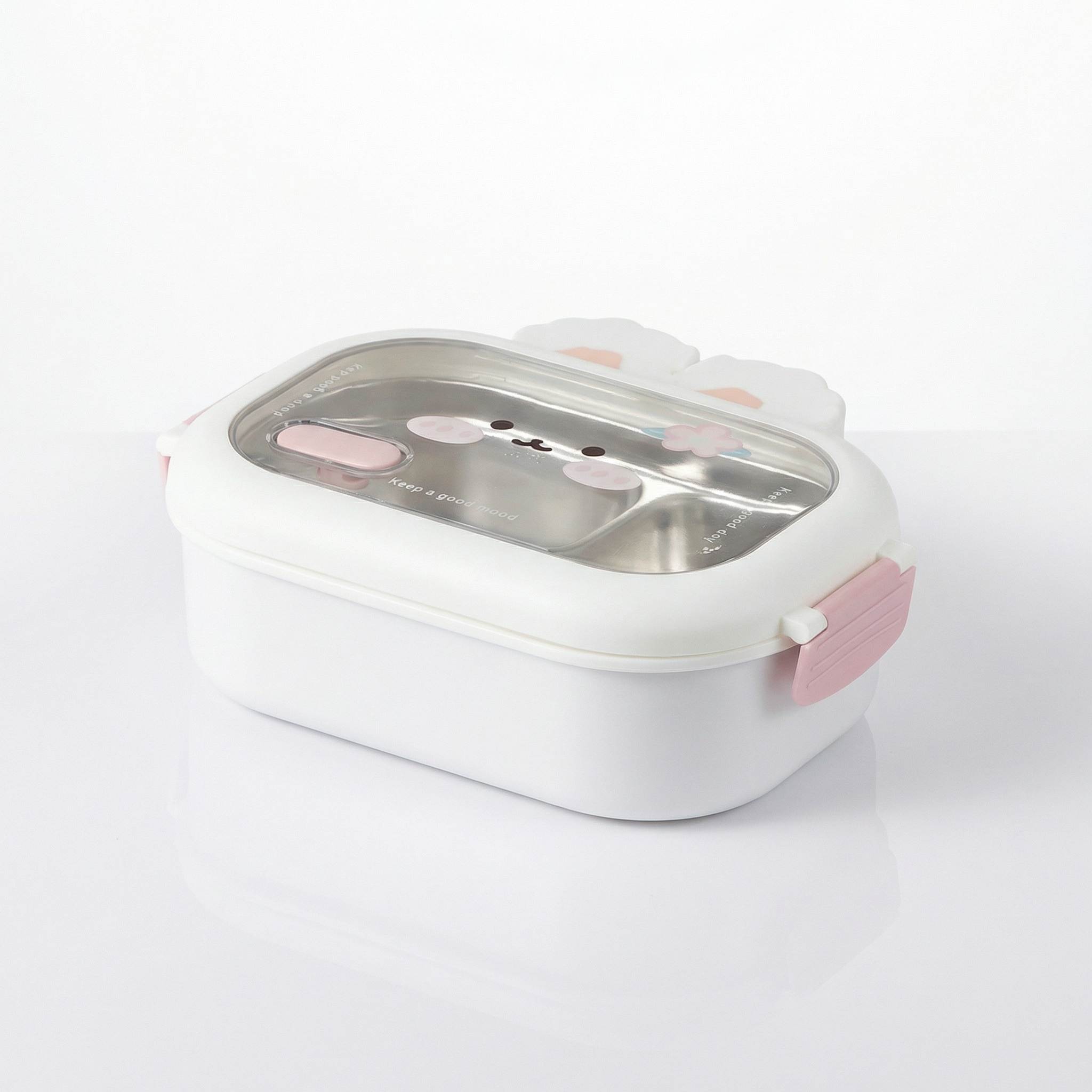 Bento kawaii lapin blanc en inox avec oreilles et couvercle transparent fond blanc