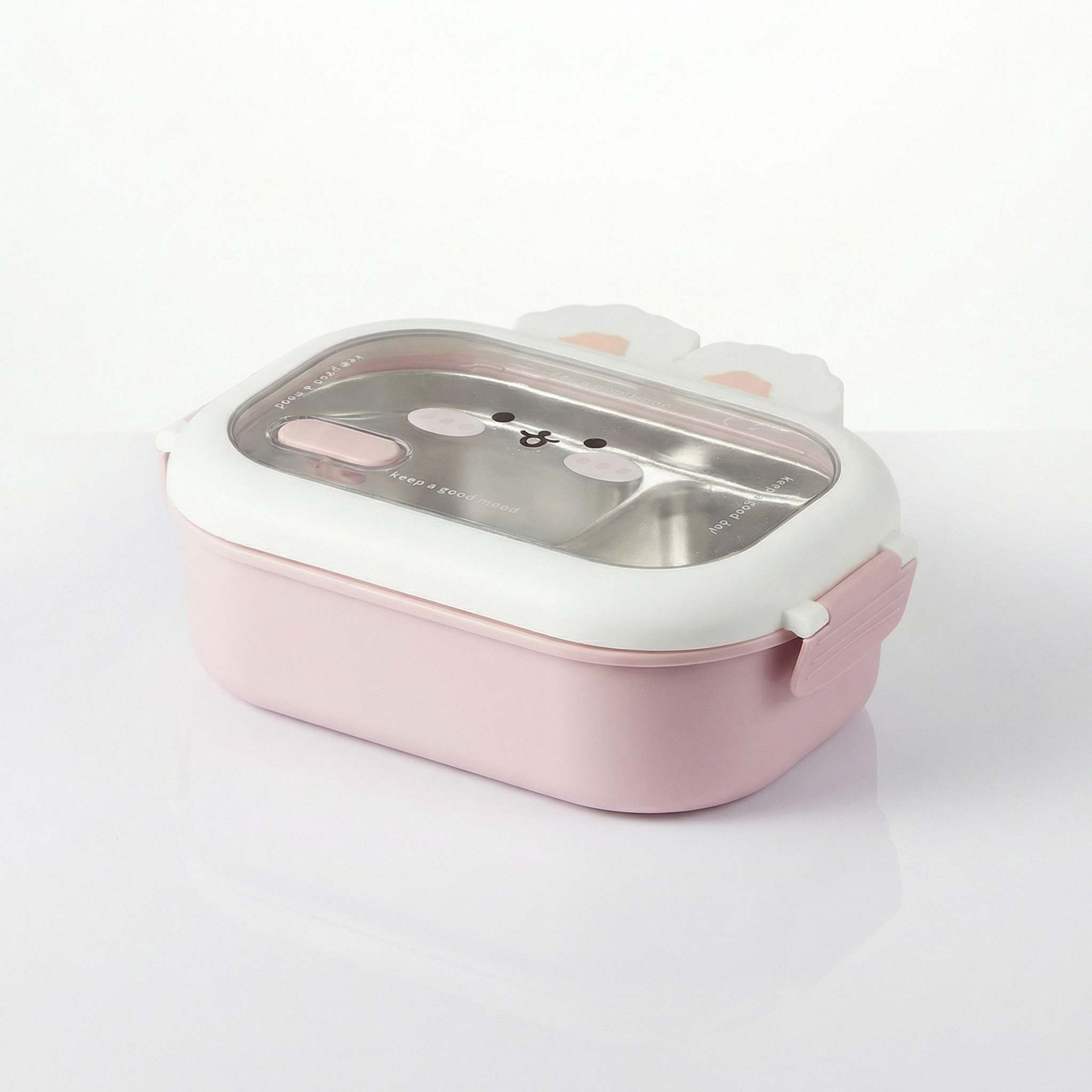 Bento kawaii lapin rose en inox avec oreilles et couvercle transparent fond blanc