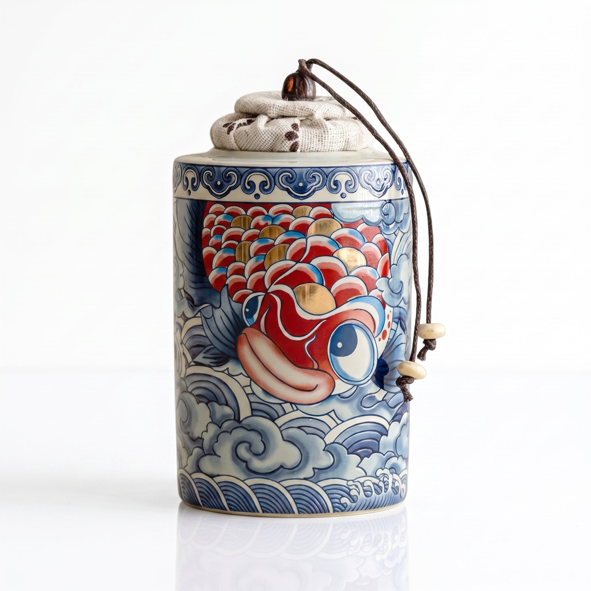 Boîte à thé japonaise carpe koï avec couvercle en tissu noué et perles