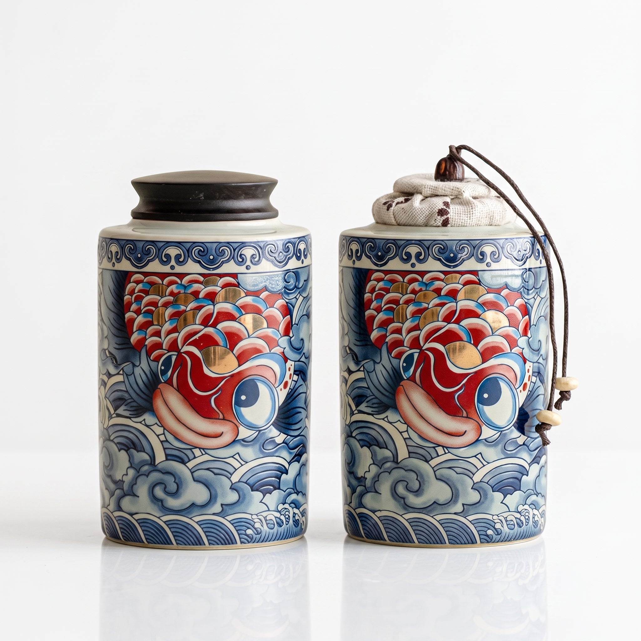 Boîtes à thé japonaises carpe koï en porcelaine, couvercle bois et couvercle tissu