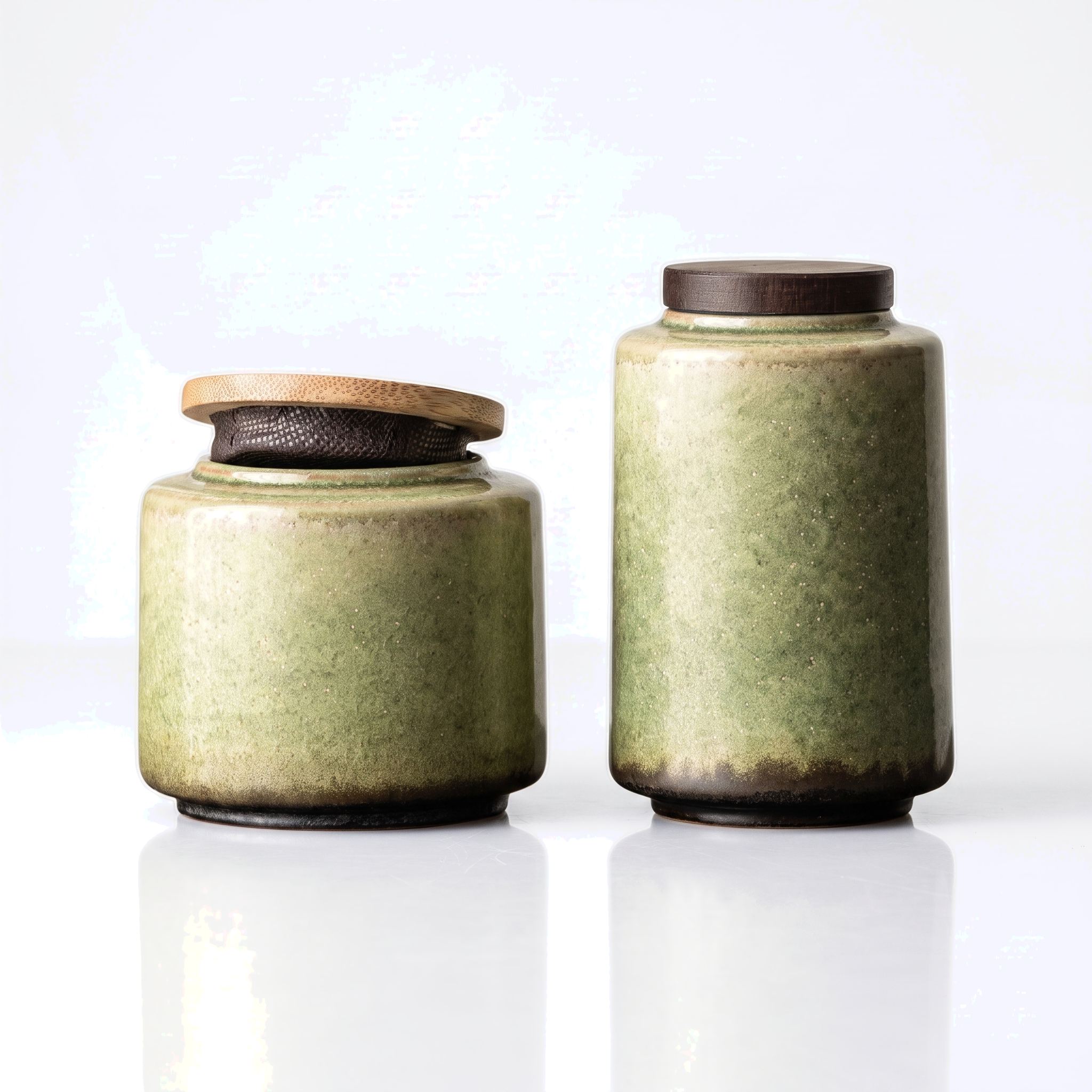 Boîtes à thé japonaises en céramique verte, petite et grande taille côte à côte