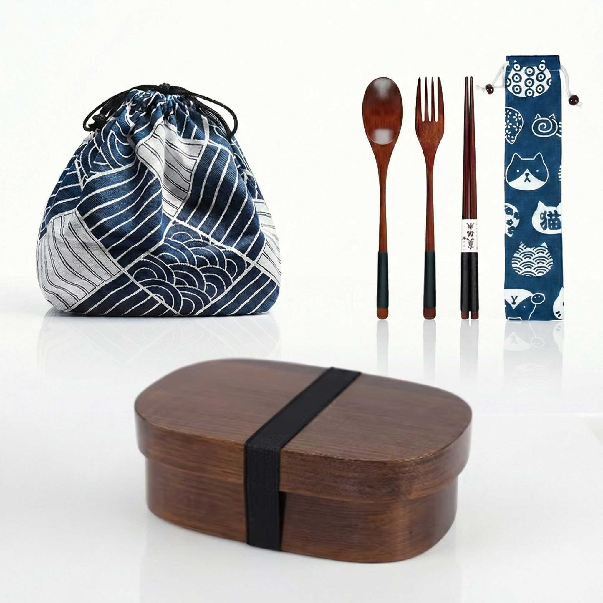 Coffret bento japonais complet en bois avec boîte, couverts, élastique et sac bourse bleu à motifs vagues