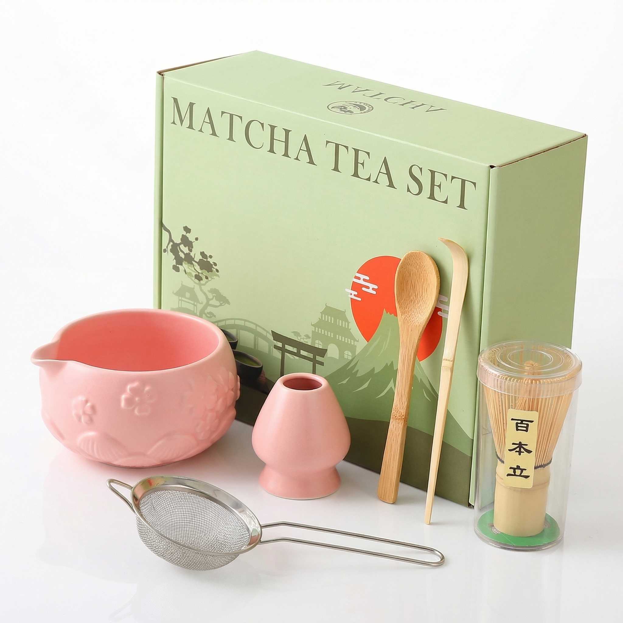 Coffret matcha fleurs de cerisier coloris rose avec boite chasen chashaku et passoire