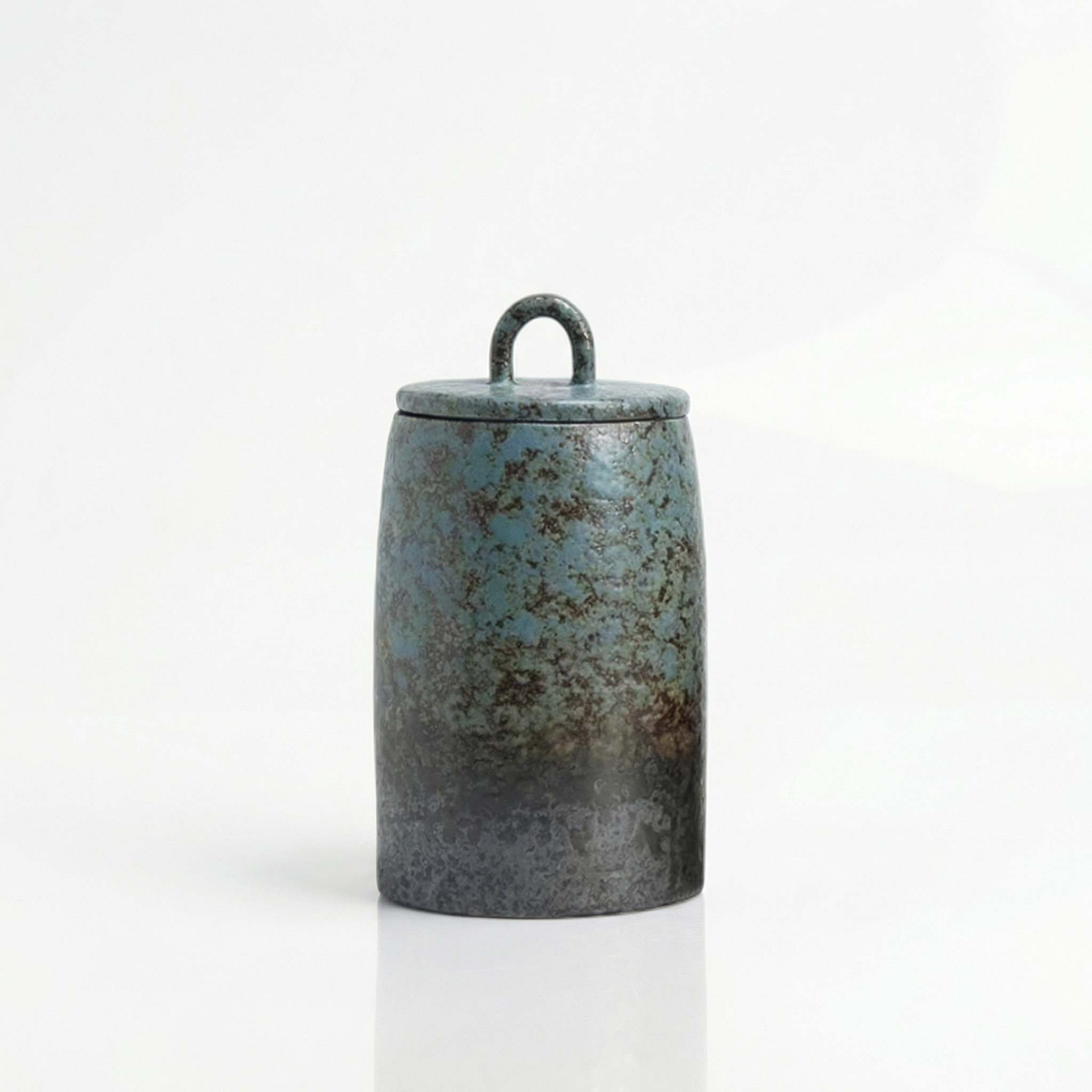 Grande boite a the japonaise en gres coloris bleu patine avec couvercle a anse