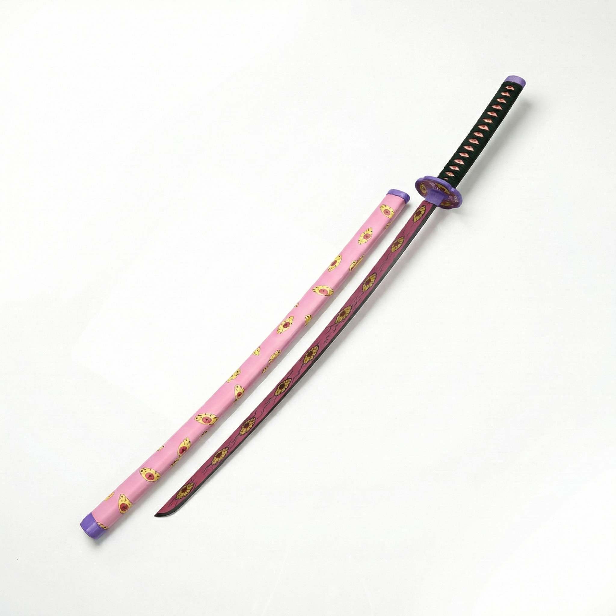 Katana Kokushibo Demon Slayer en bambou fourreau rose orne motifs dores tsuba violet