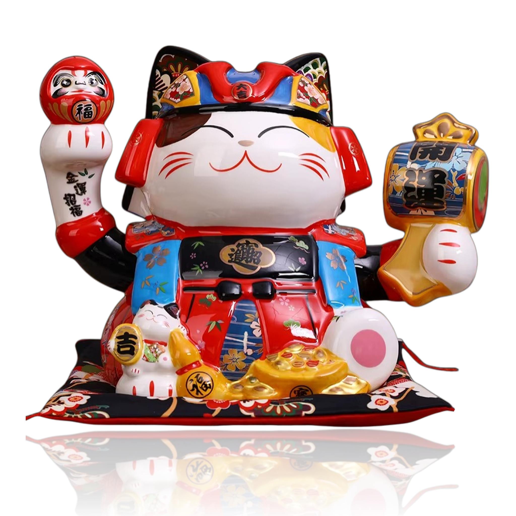 Maneki Neko céramique samouraï XXL 33cm tirelire avec Daruma et marteau de fortune