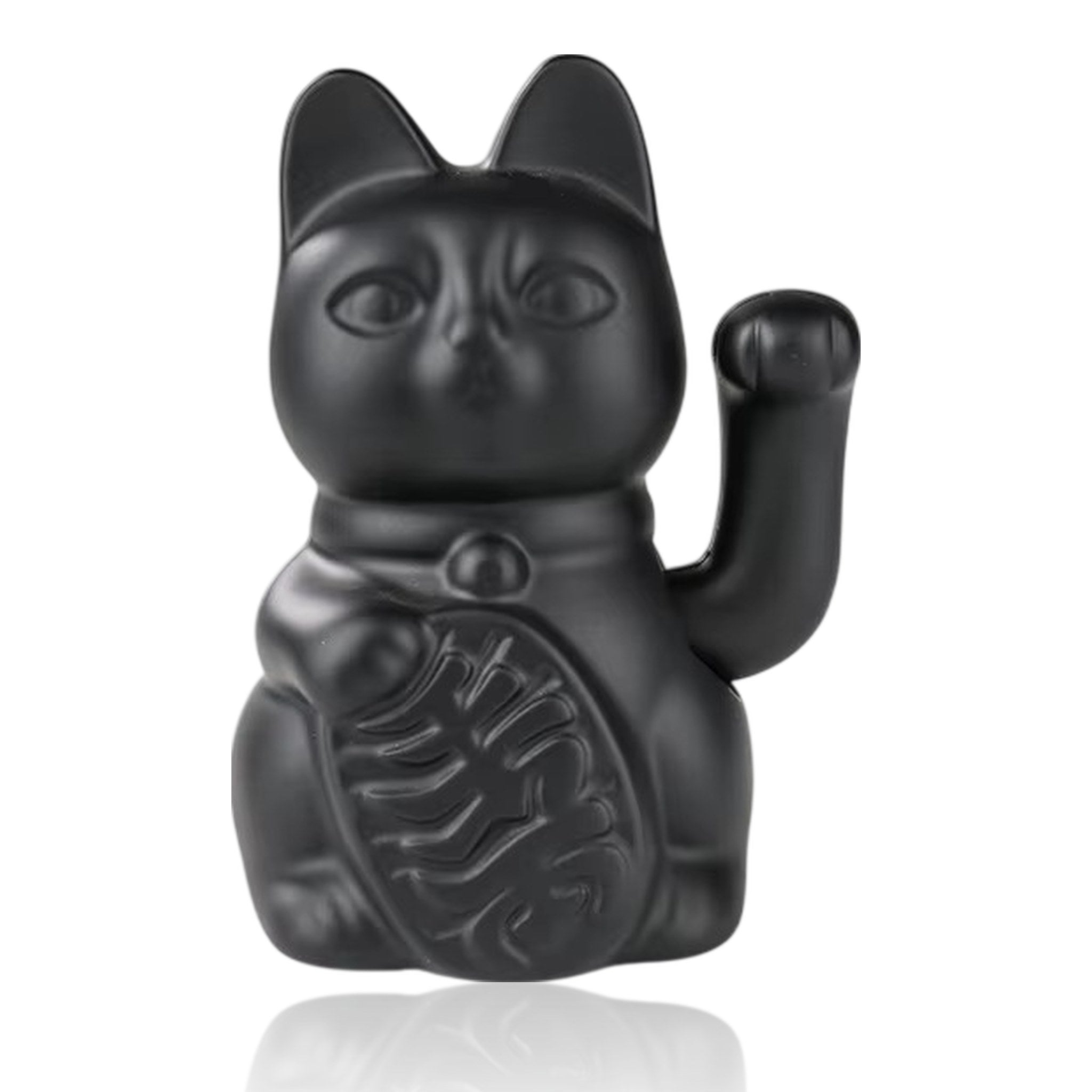 Maneki Neko électrique noir mat moderne 15cm sur fond blanc avec reflet miroir