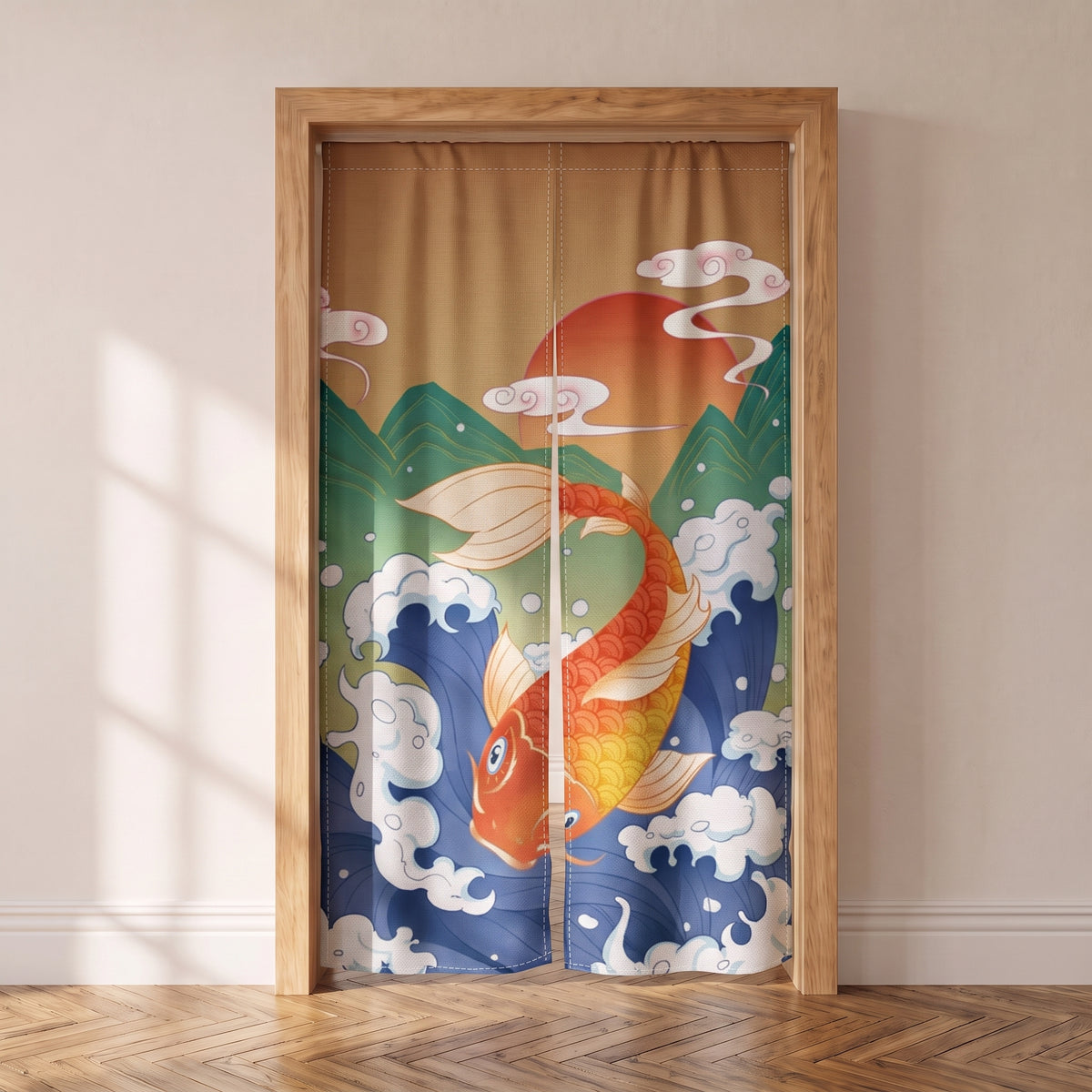 Noren japonais à grande carpe koï orange, montagnes et vagues, dans une porte intérieure