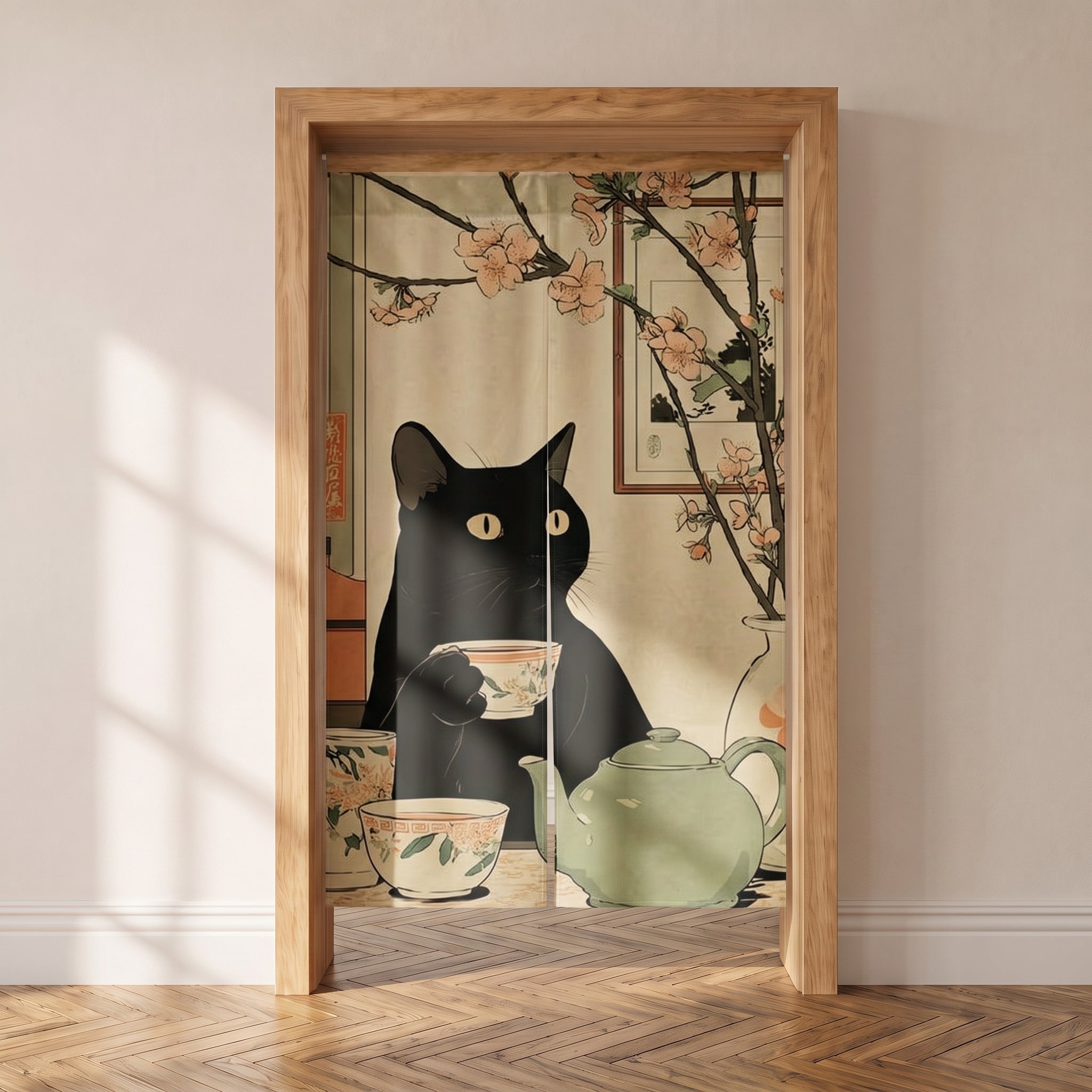 Noren japonais à chat noir, théière et tasses céladon, rideau de cuisine