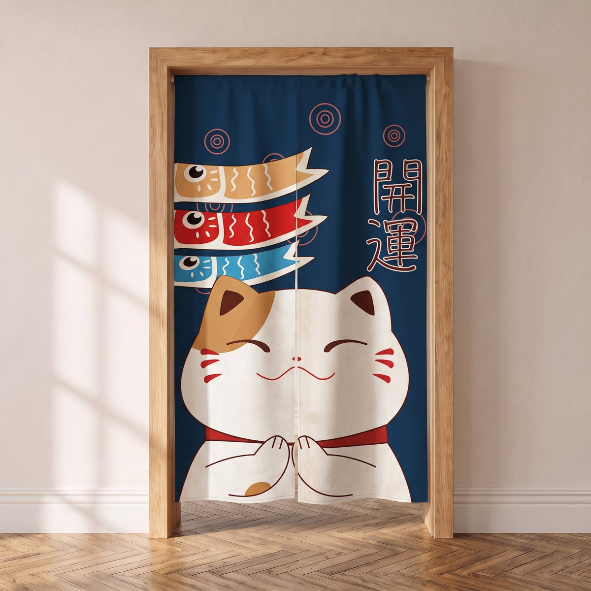 Noren japonais en lin à maneki neko, le chat porte-bonheur, porte intérieure