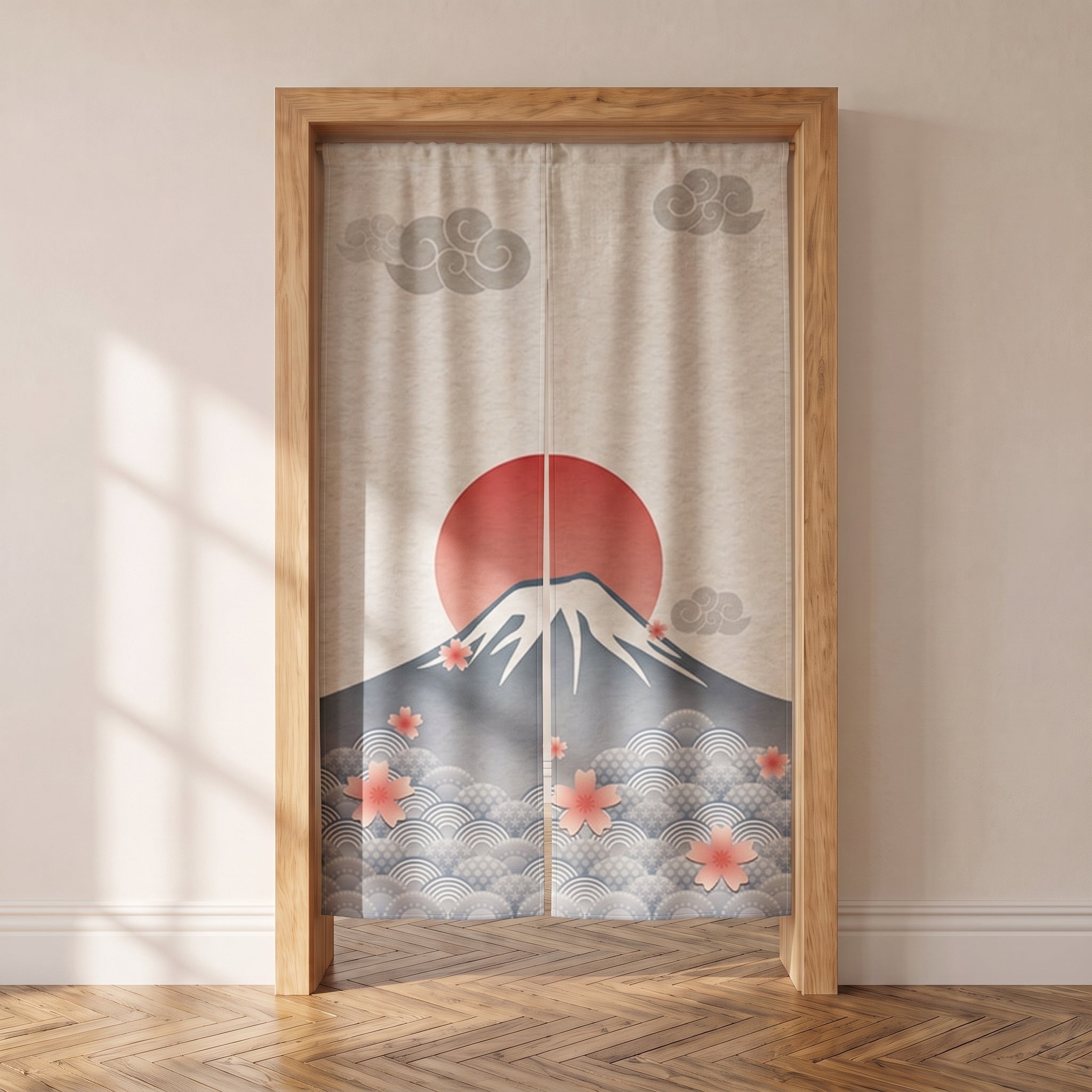 Noren japonais mont Fuji et soleil rouge suspendu dans une porte, parquet chene