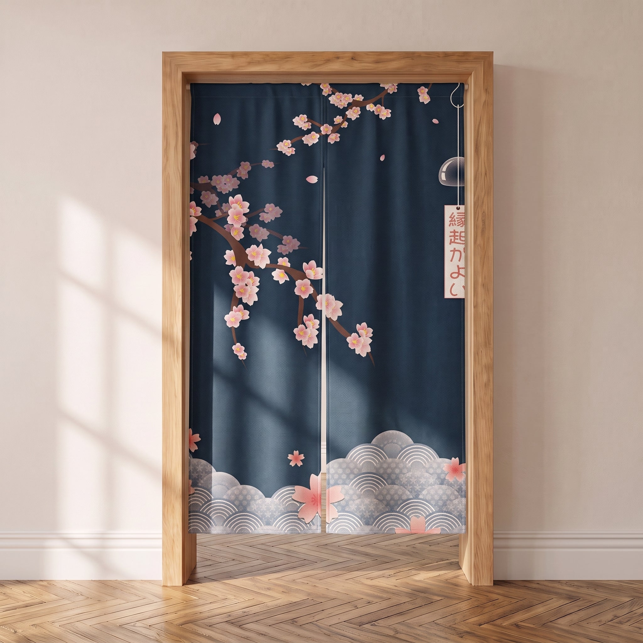 Noren japonais bleu nuit à branche de cerisier en fleurs, porte intérieure