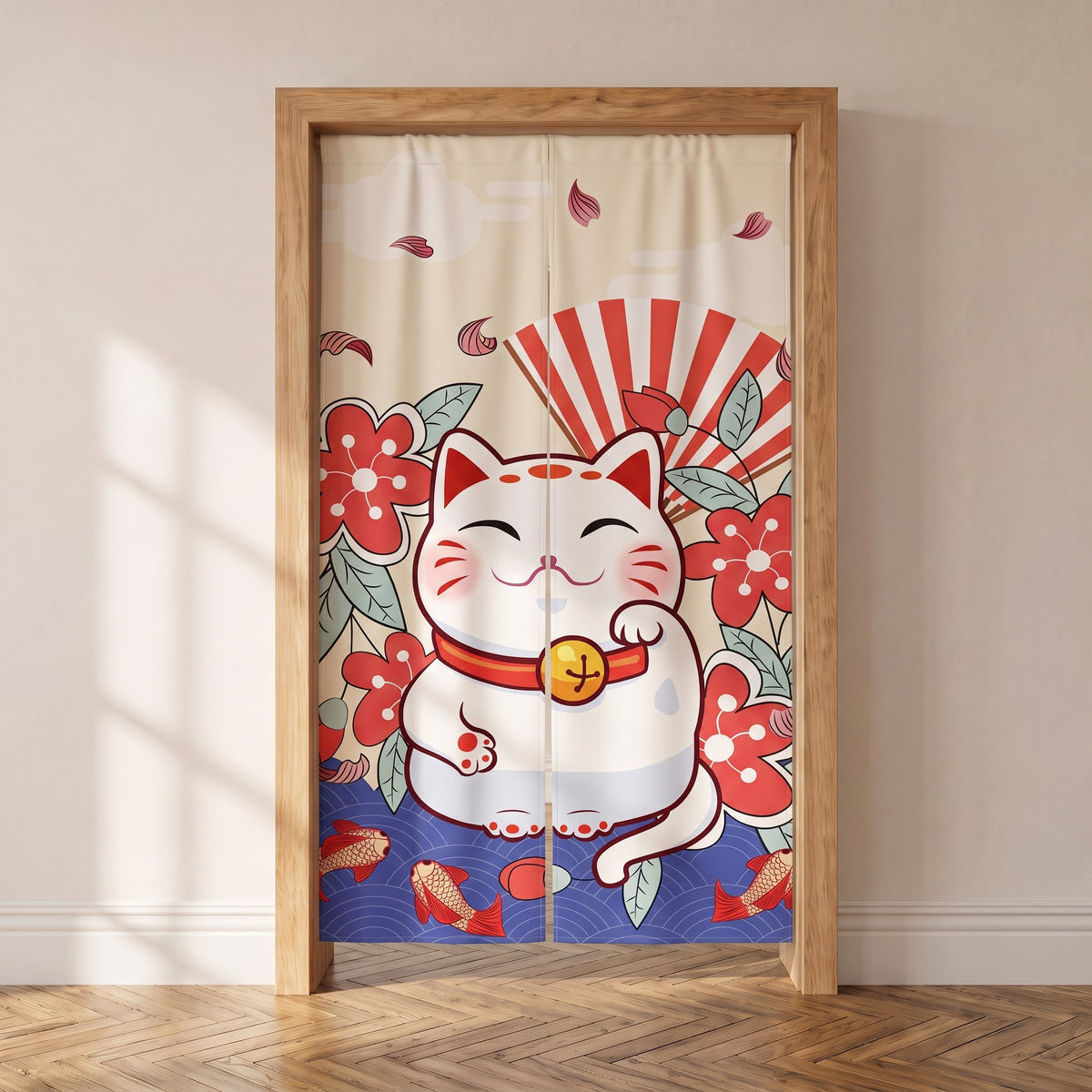 Noren japonais maneki neko, chat blanc entouré de fleurs rouges et carpes koï, porte intérieure