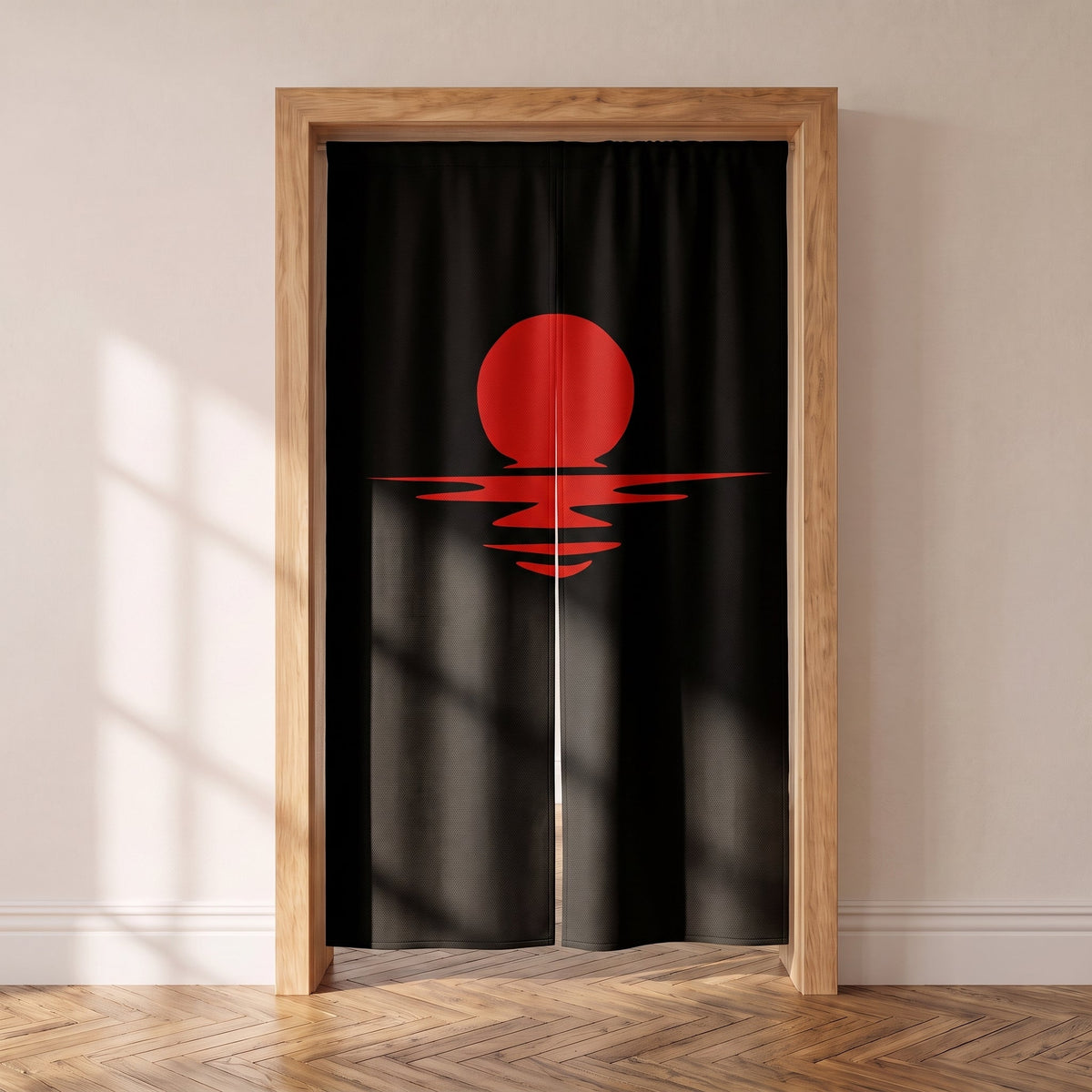 Noren japonais noir à disque solaire rouge et son reflet, porte intérieure