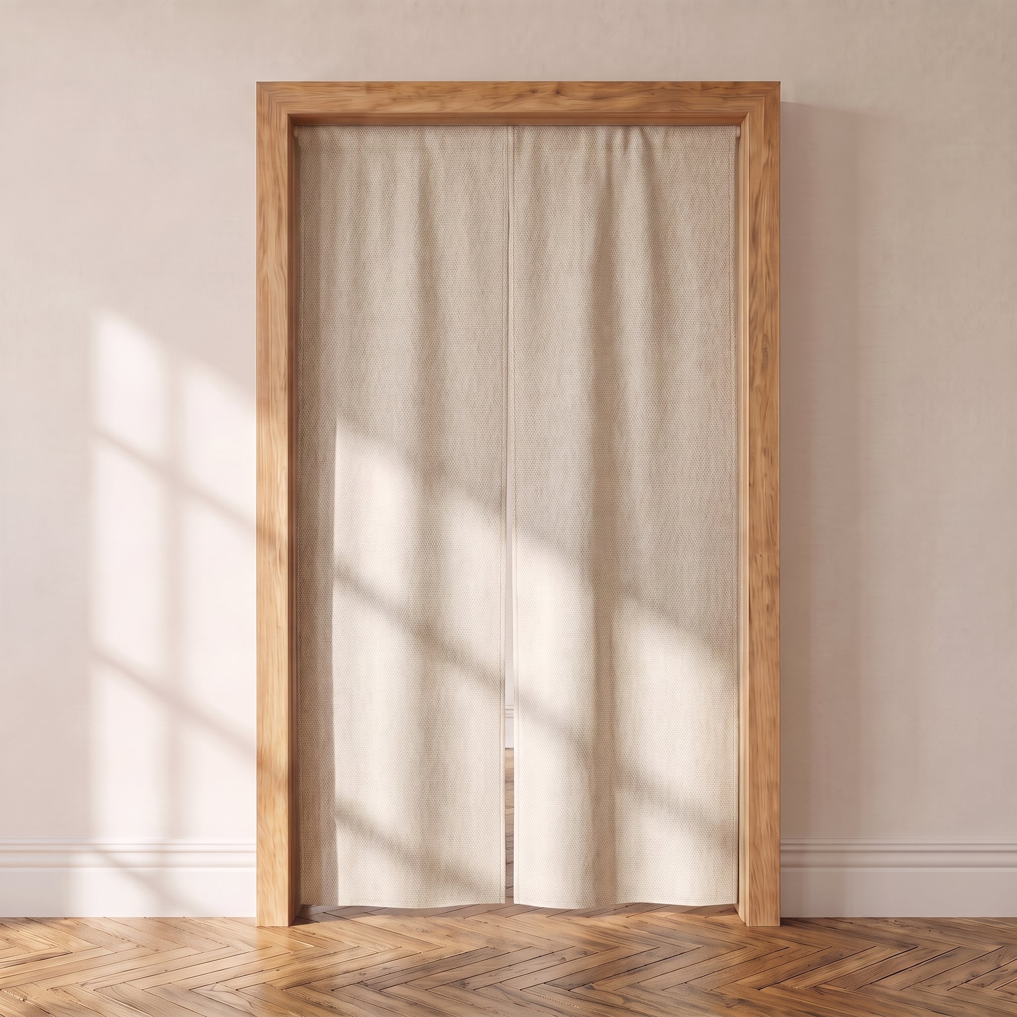 Noren japonais uni écru, teinte pleine, suspendu dans une porte intérieure