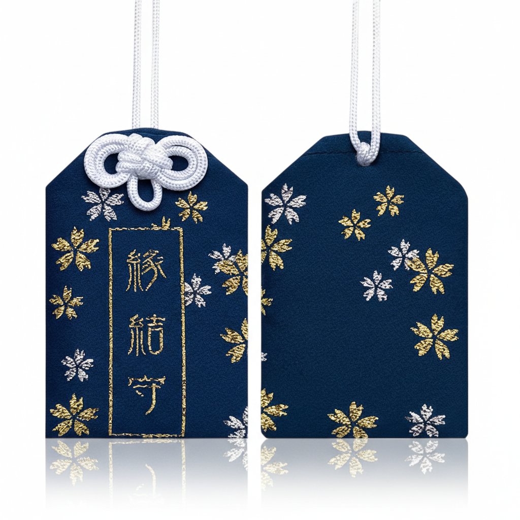 Omamori bleu marine brodé calligraphie dorée Enmusubi lien sacré et amour