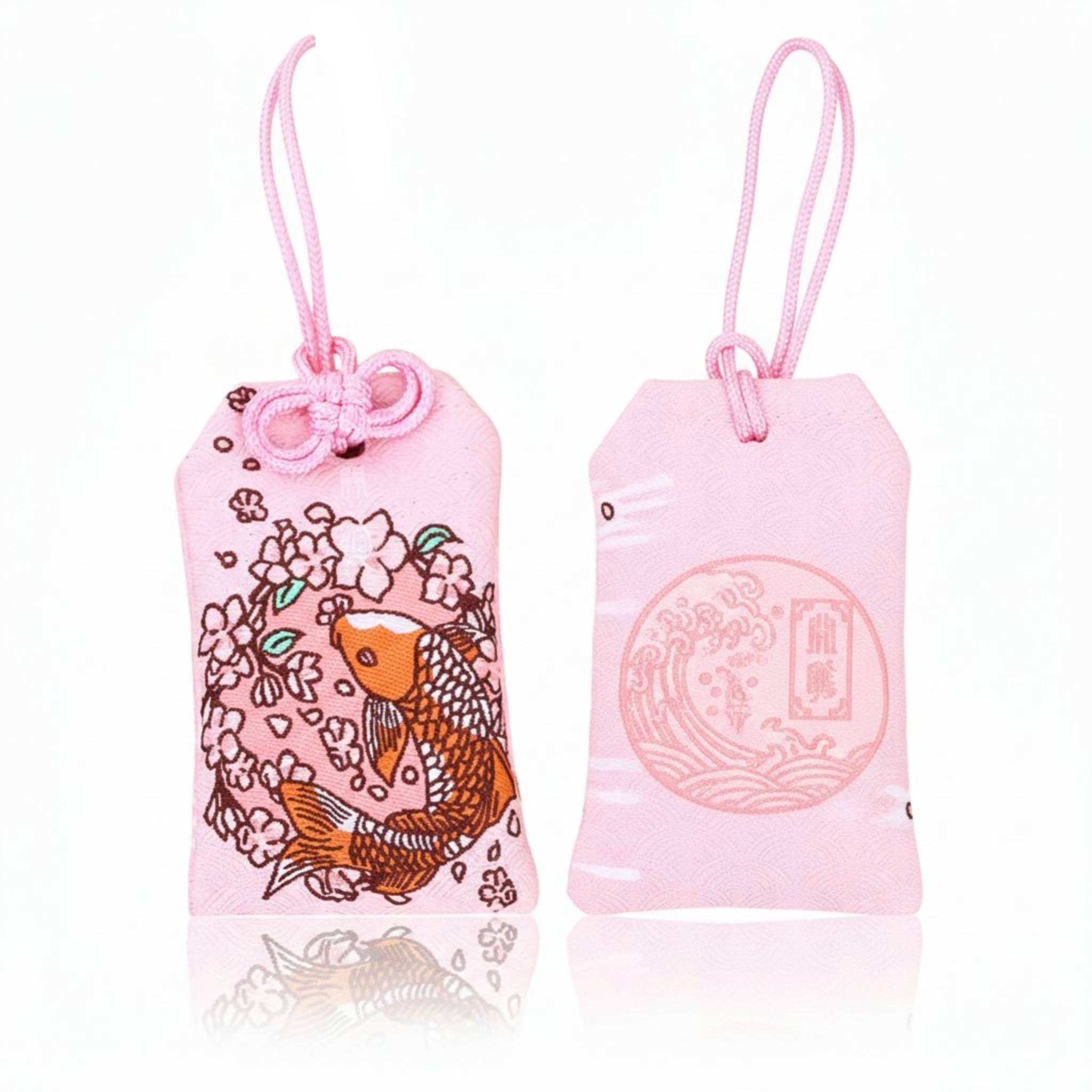 Omamori kawaii rose brodé motif carpe koï symbole de persévérance et courage