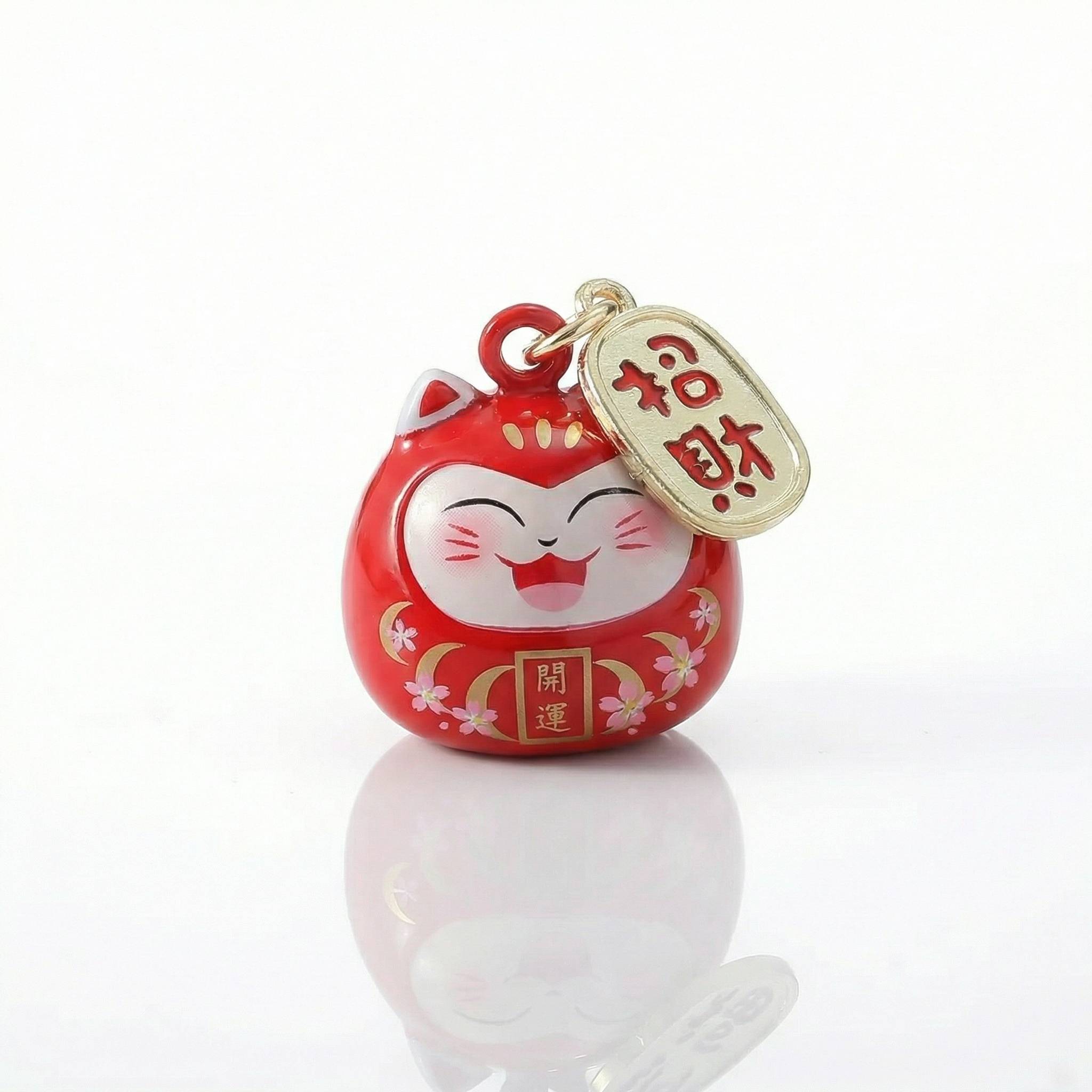 Pendentif Maneki Neko kawaii rouge avec clochette et kanji 開運 chance