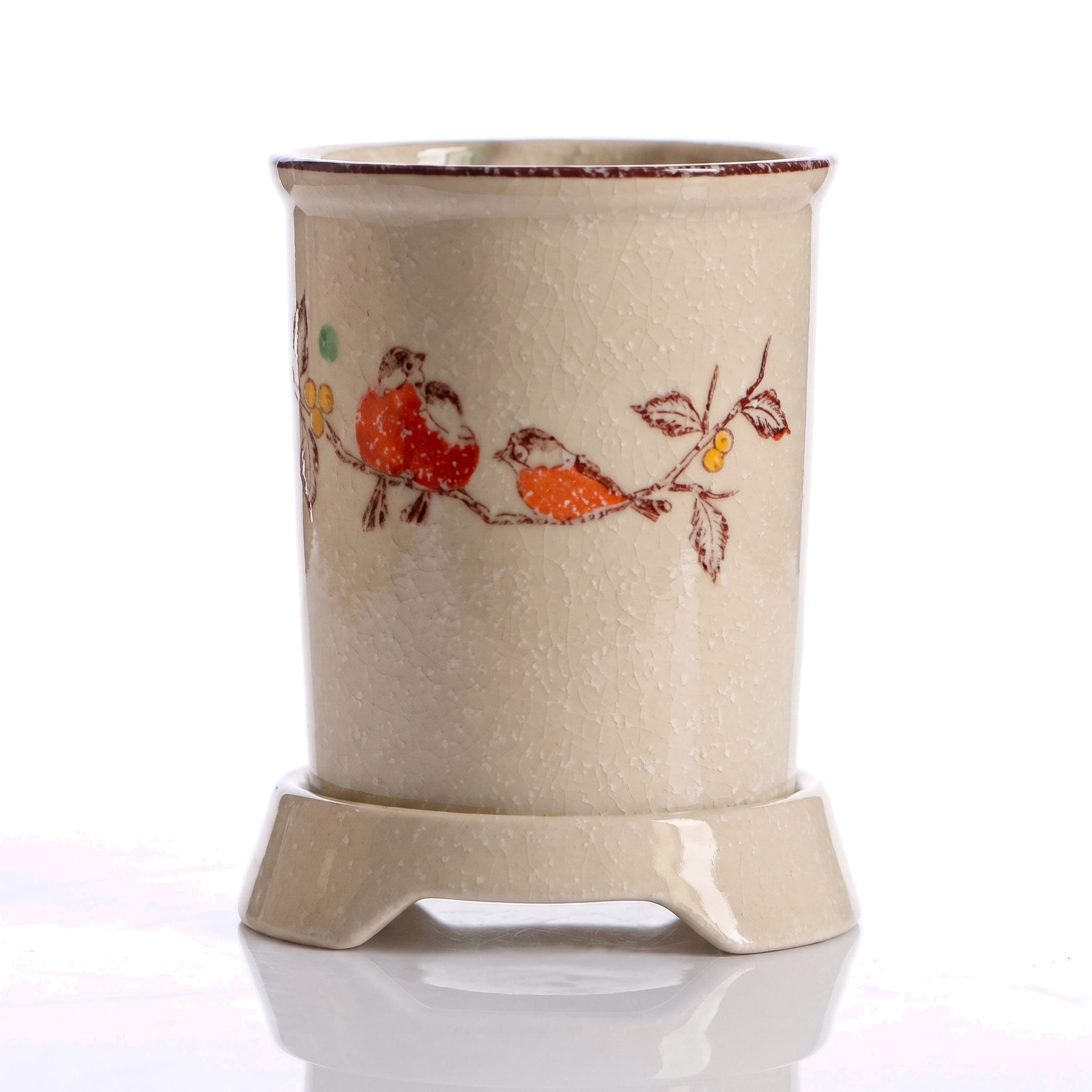 Pot à baguettes japonais en céramique crème, motif oiseaux sur branche