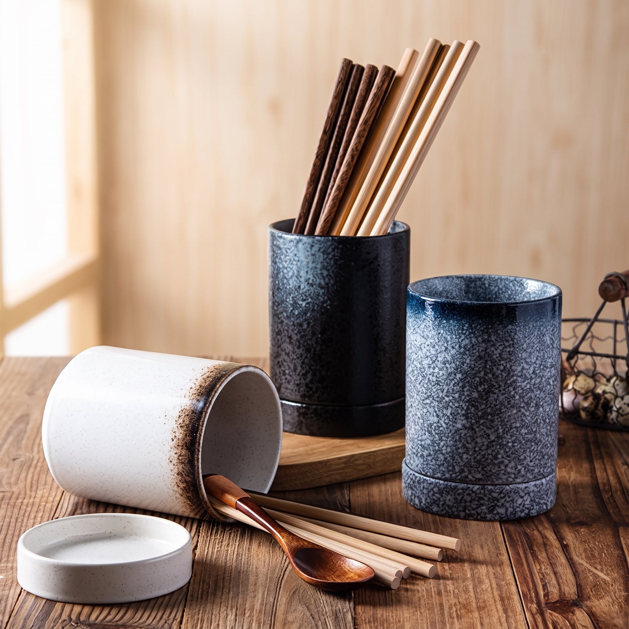 Pots à ustensiles japonais avec socle égouttoir amovible et cuillères en bois