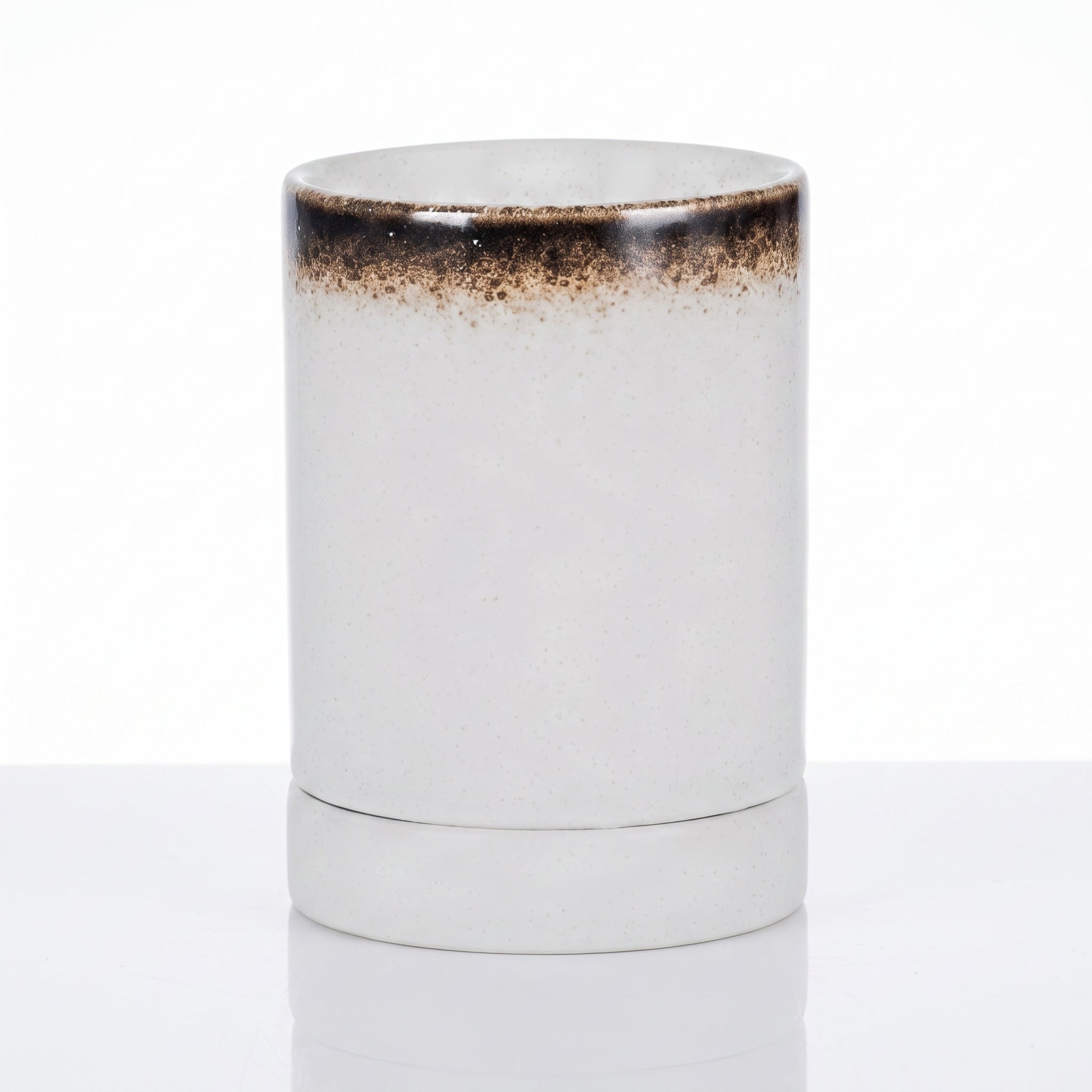 Pot à ustensiles japonais blanc crème à col brun avec socle égouttoir