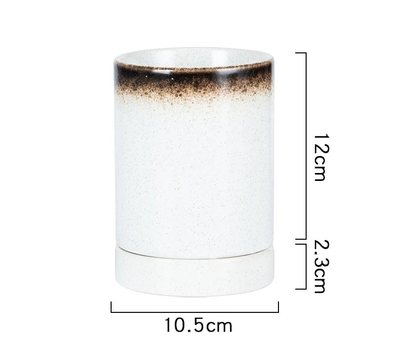 Pot à ustensiles japonais blanc crème à col brun, 12 cm sur 10,5 cm