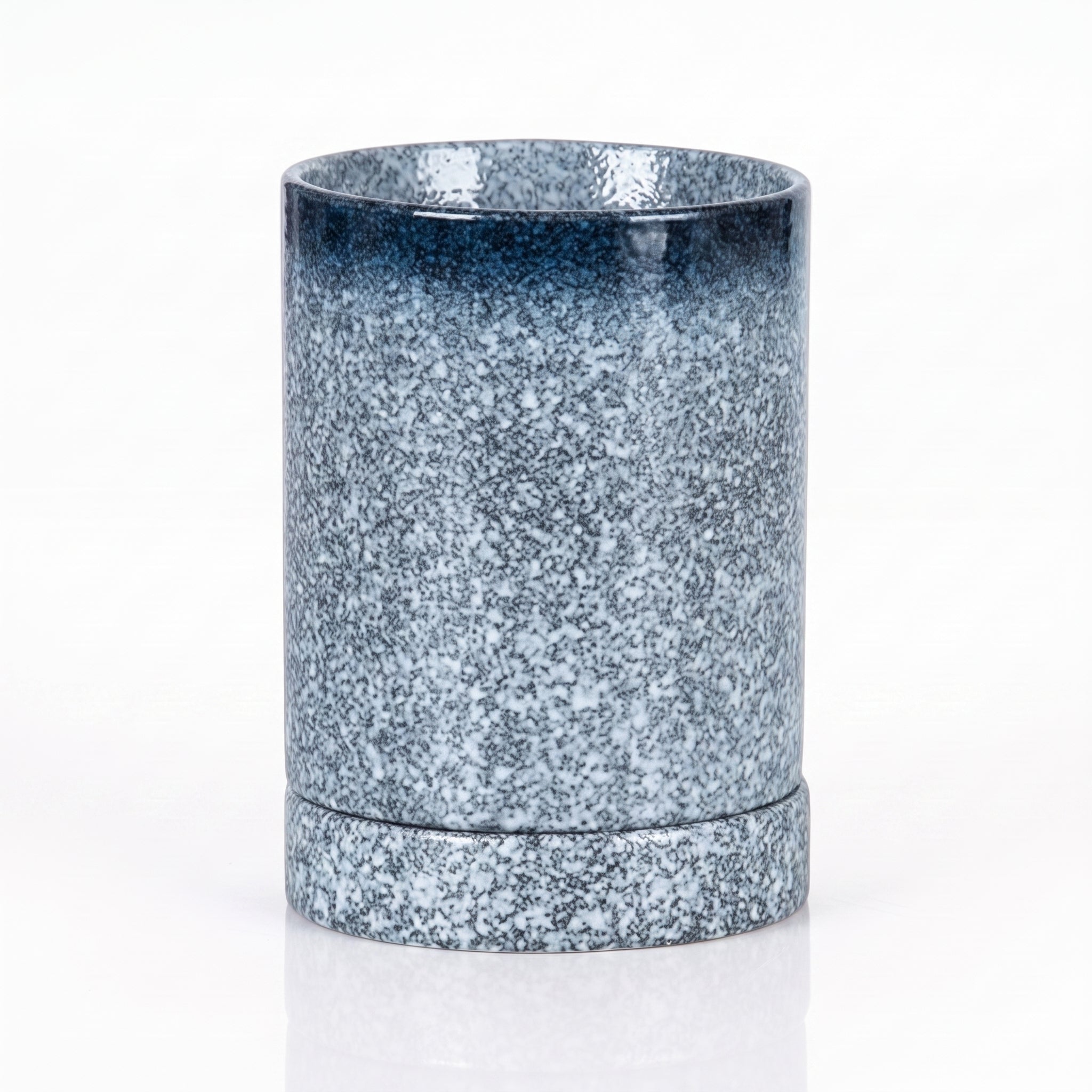 Pot à ustensiles japonais bleu gris moucheté avec socle égouttoir