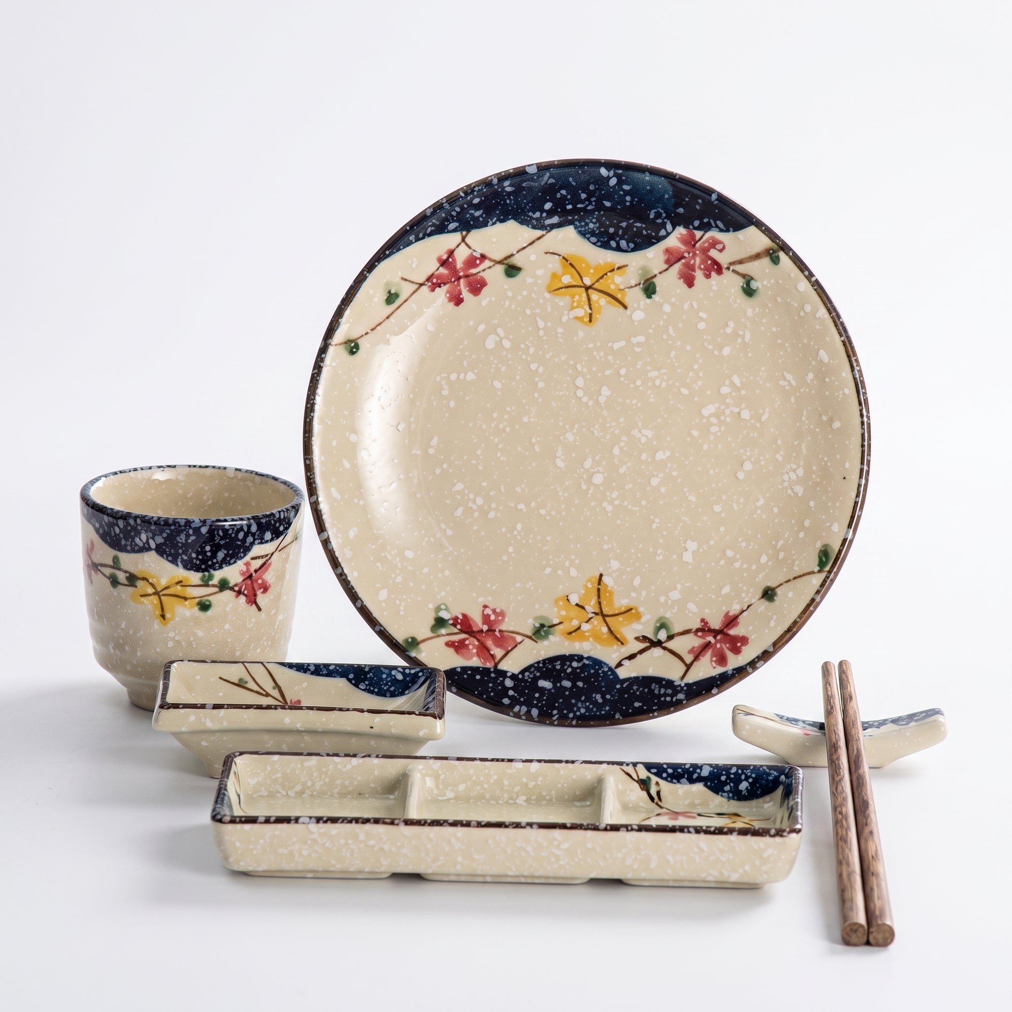 Service 5 pièces céramique motif feuilles d'érable : assiette, tasse et plateau