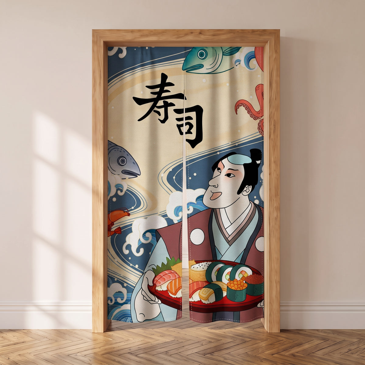 Noren japonais 寿司 à personnage d'estampe portant un plateau de sushis sur fond de vagues, suspendu dans une porte intérieure
