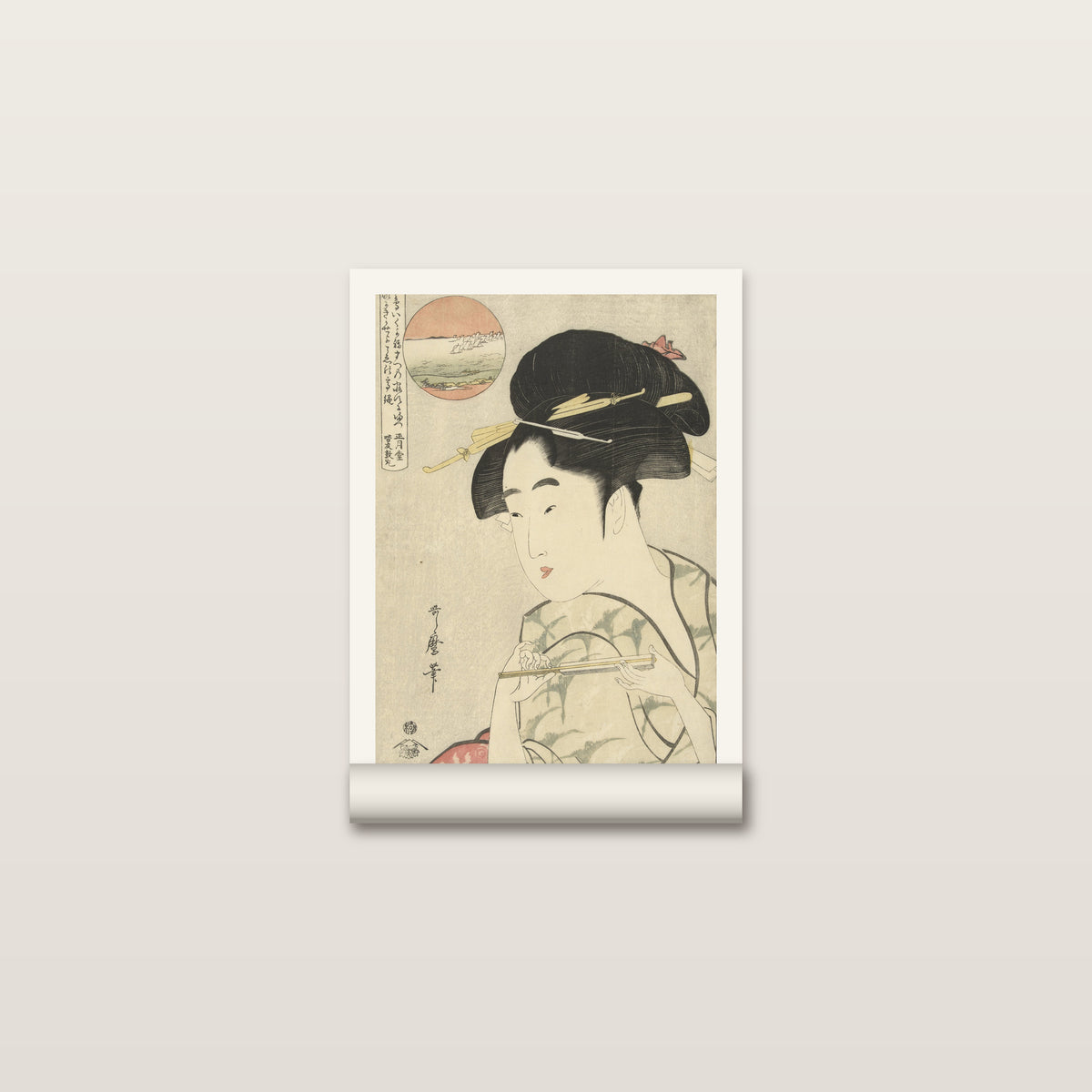Toile roulée de la jeune femme à l'éventail d'Utamaro posée à plat, avec sa marge blanche autour