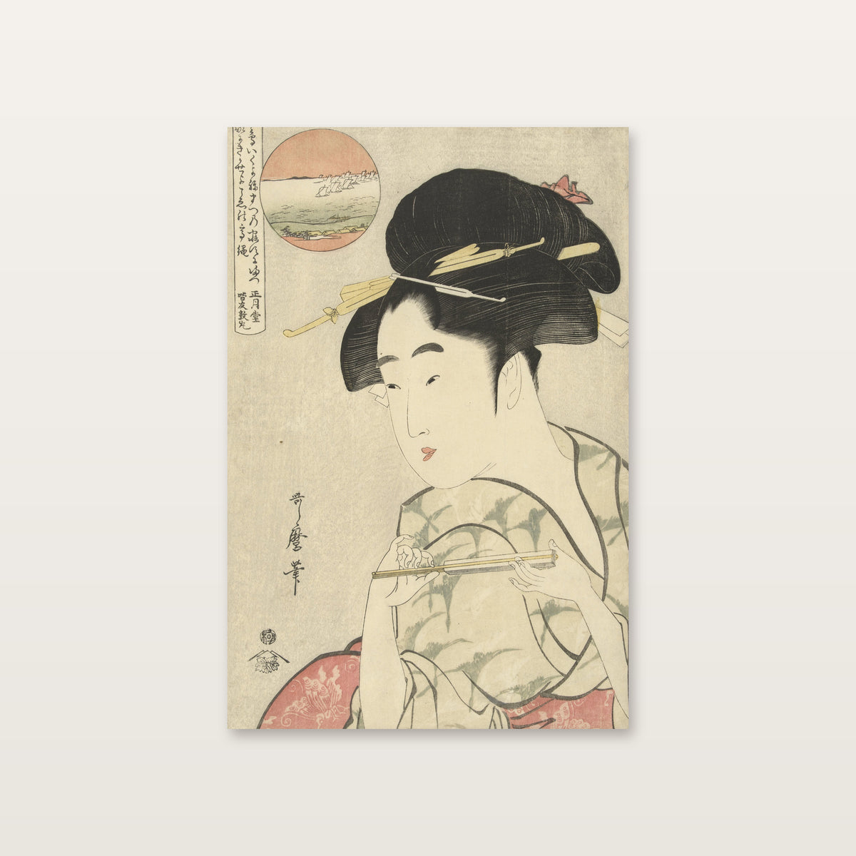 Tableau japonais femmes en kimono : portrait en buste d'une jeune femme tenant un éventail fermé, d'après Utamaro