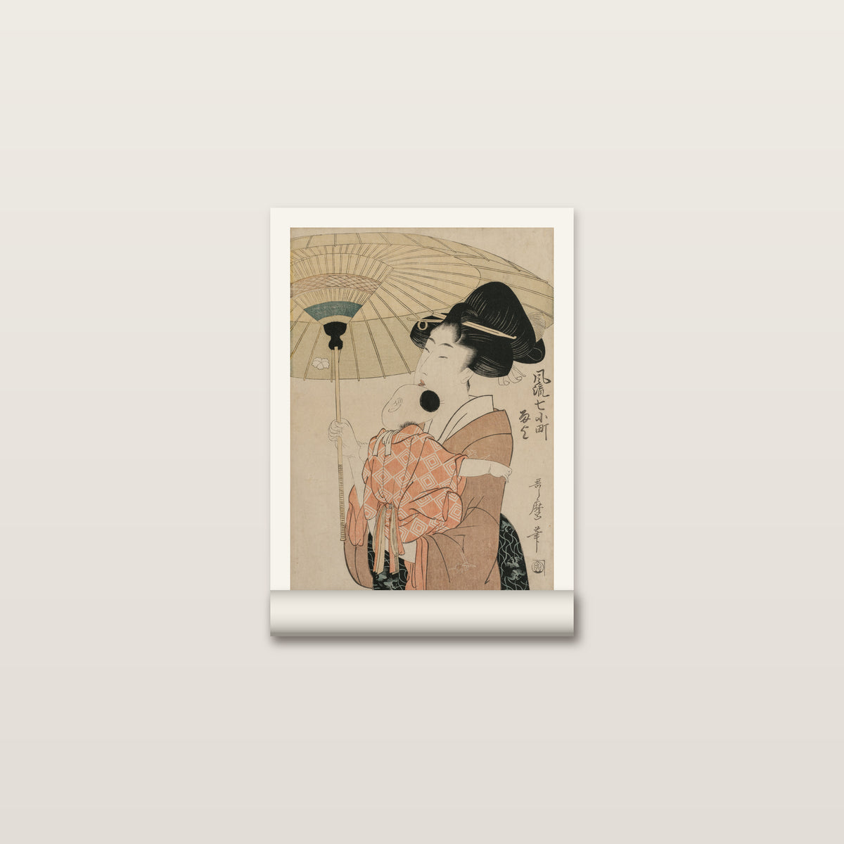 Toile roulée de la femme à l'ombrelle d'Utamaro posée à plat, enfant en kimono à losanges, marge autour