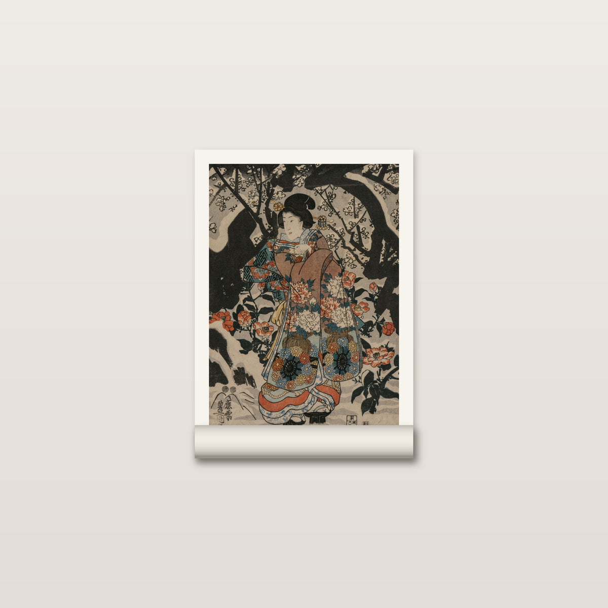 Toile roulée de la femme au prunier de Kunisada posée à plat, fleurs rouges et neige, marge autour