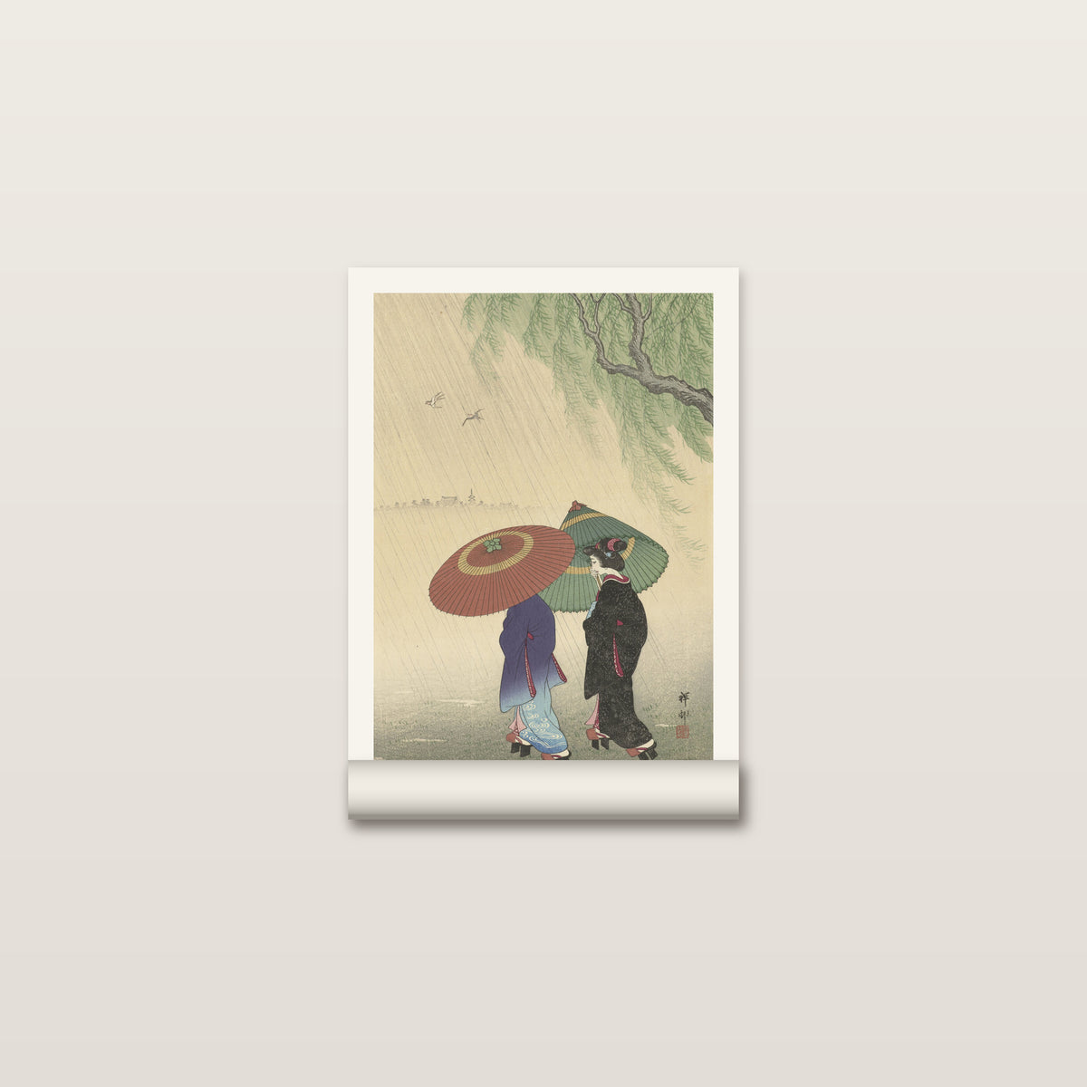 Toile roulée Sous la pluie posée à plat, un saule et deux femmes en kimono, marge blanche autour
