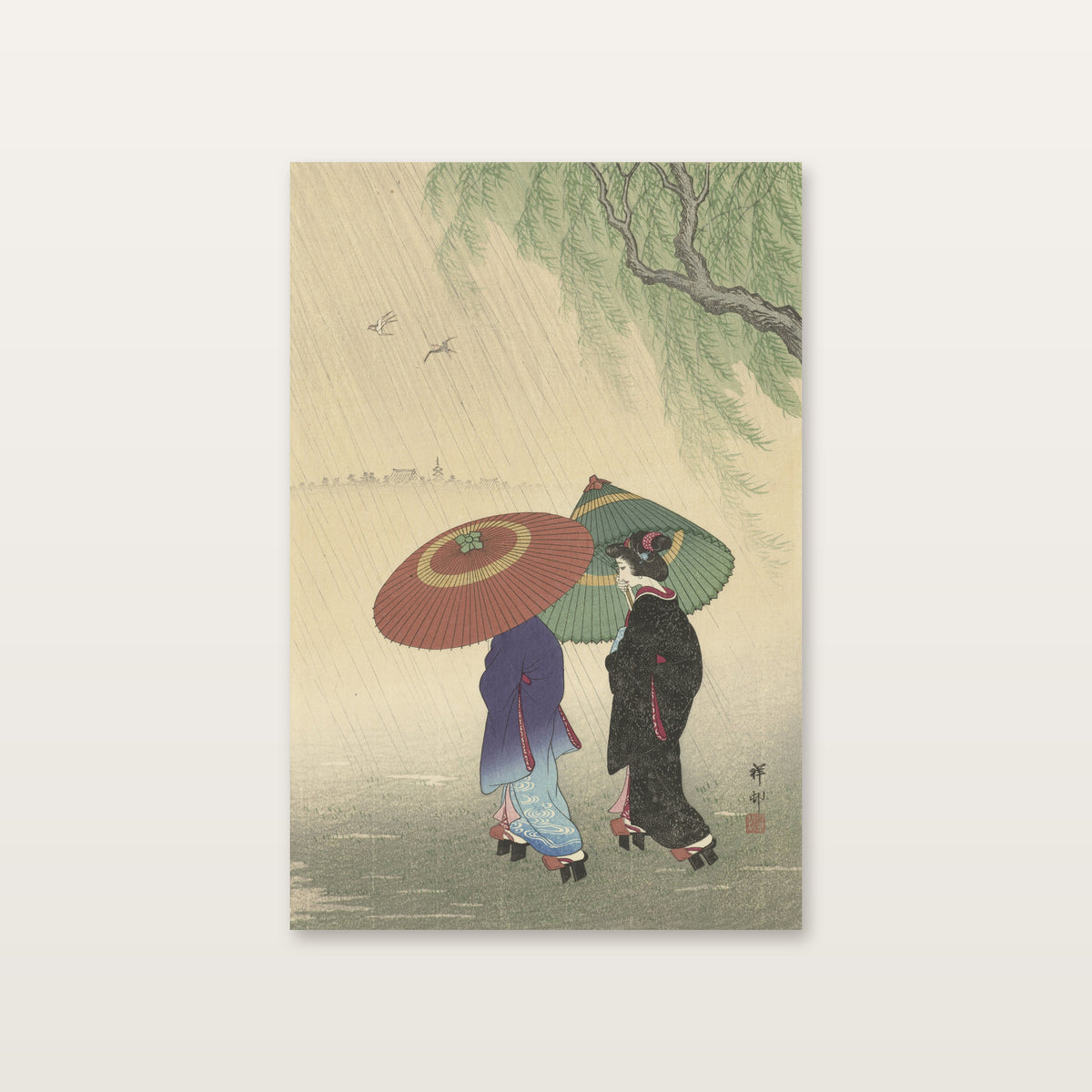 Tableau japonais femmes en kimono : deux promeneuses sous des ombrelles rouge et verte dans la pluie, d'après Ohara Koson