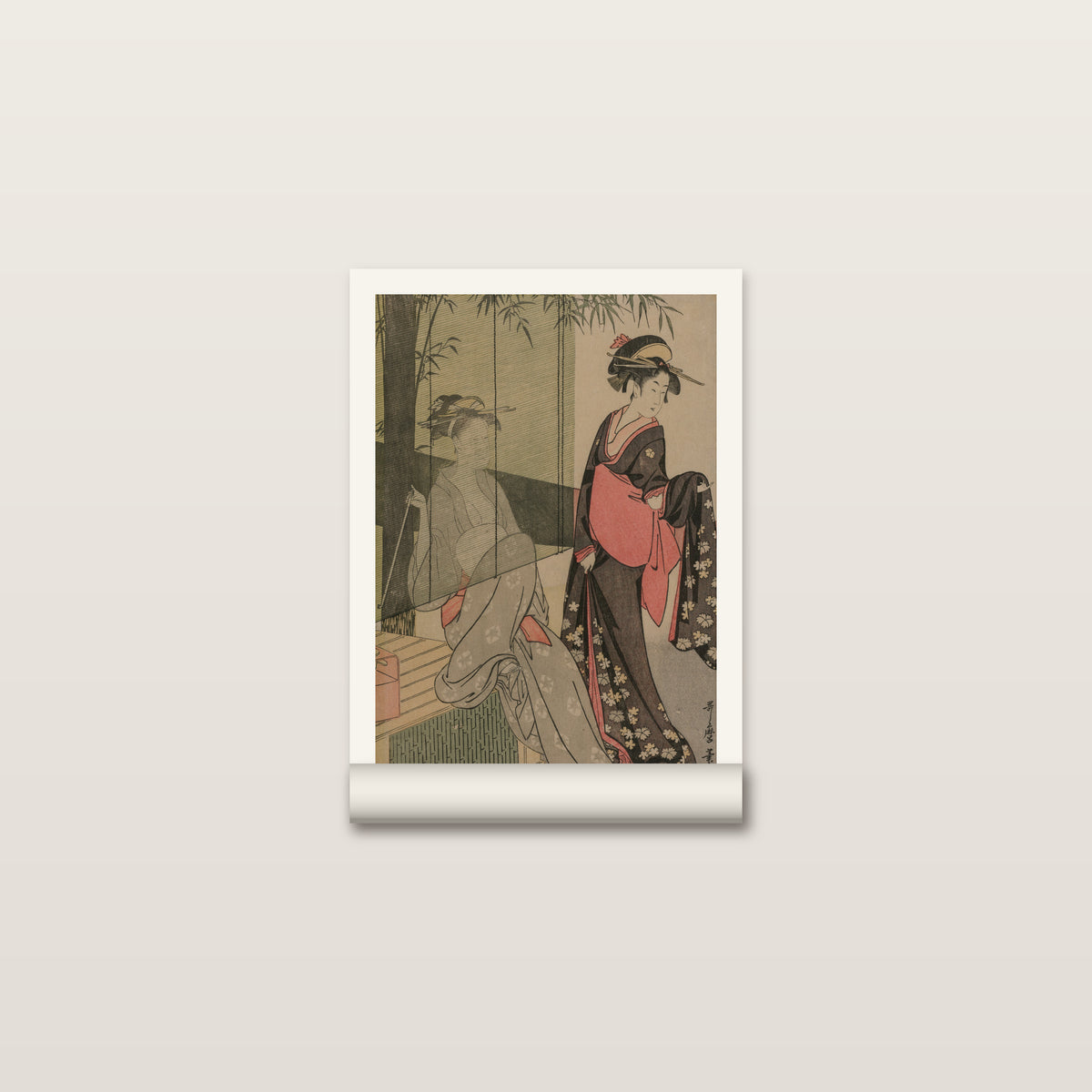 Toile roulée du store de bambou d'Utamaro posée à plat, kimono noir à fleurs blanches, marge autour
