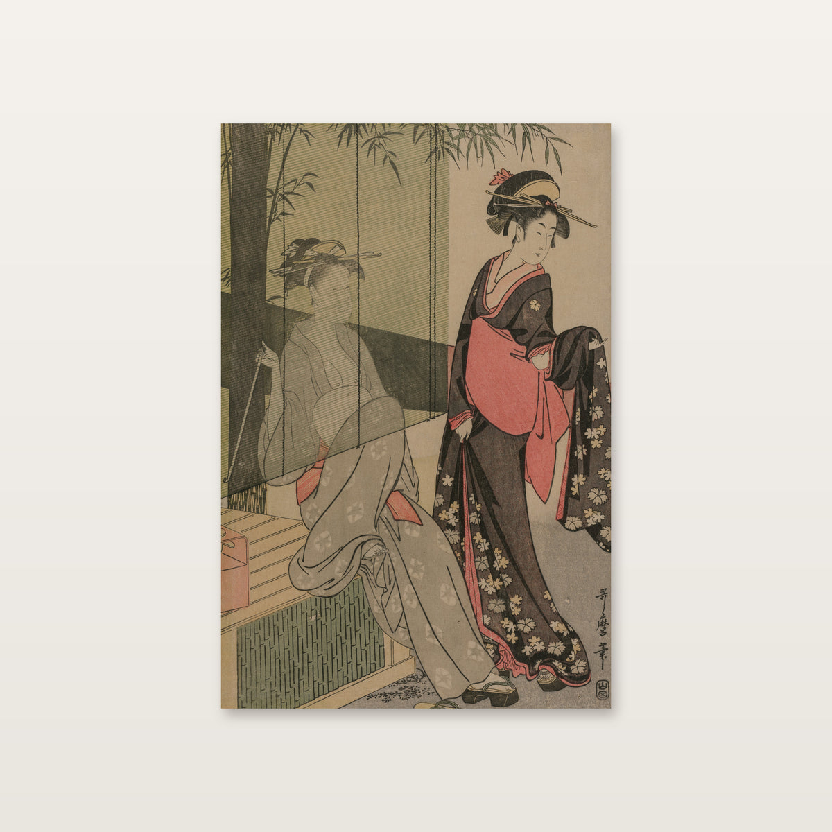 Tableau japonais femmes en kimono : deux femmes près d'un store de bambou, l'une assise derrière, d'après Utamaro